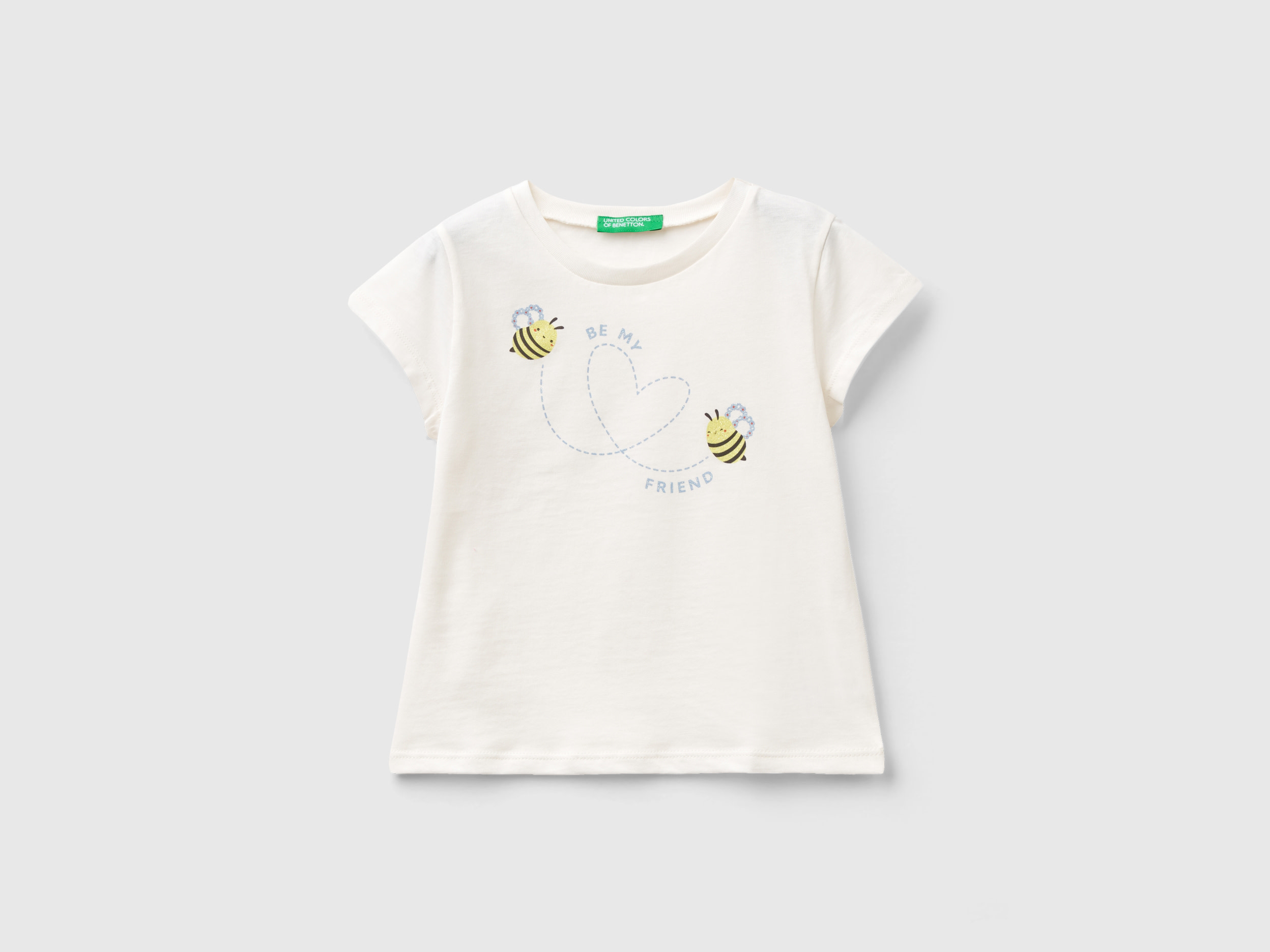 Benetton, T-shirt In Organic Cotton With Glitter, size 4-5, White, Kids