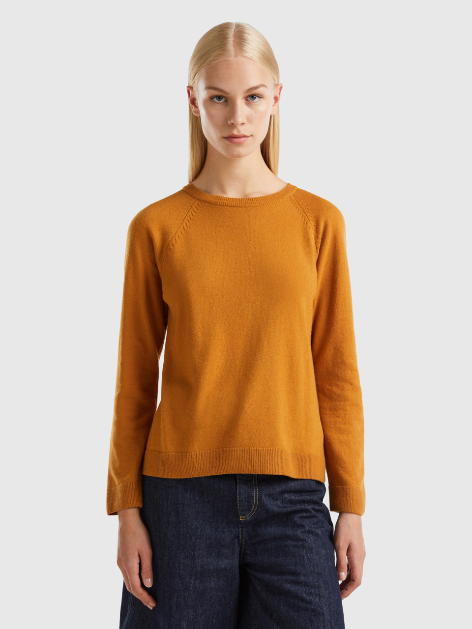 Benetton, Tobacco Crew Neck Sweater In Cashmere And Wool Blend, , Women