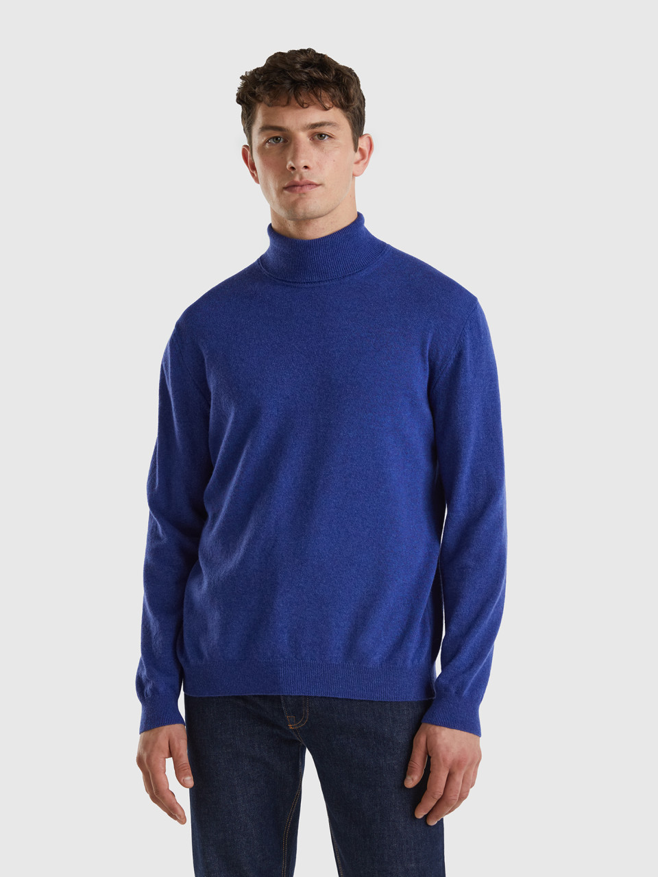 Benetton, Blue Turtleneck In Pure Merino Wool, Bright Blue, Men