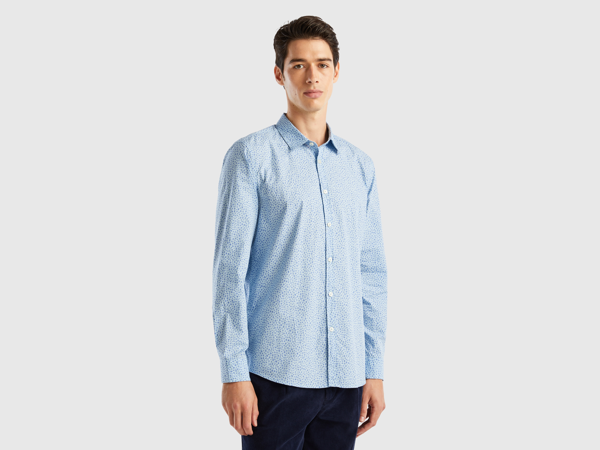 Benetton, Patterned Slim Fit Shirt, size XXXL, Light Blue, Men