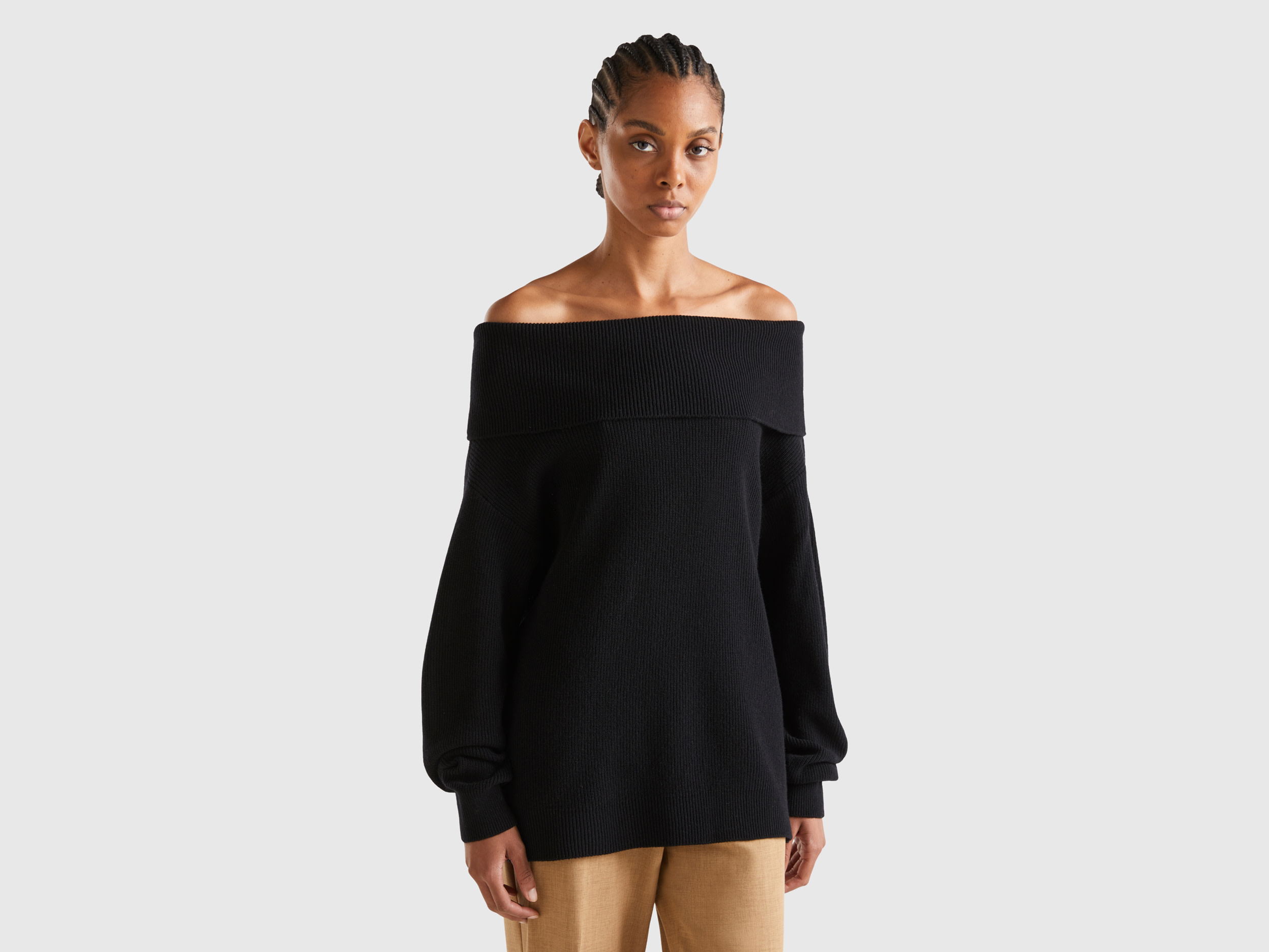 Benetton, Sweater With Bare Shoulders, size L-XL, Black, Women