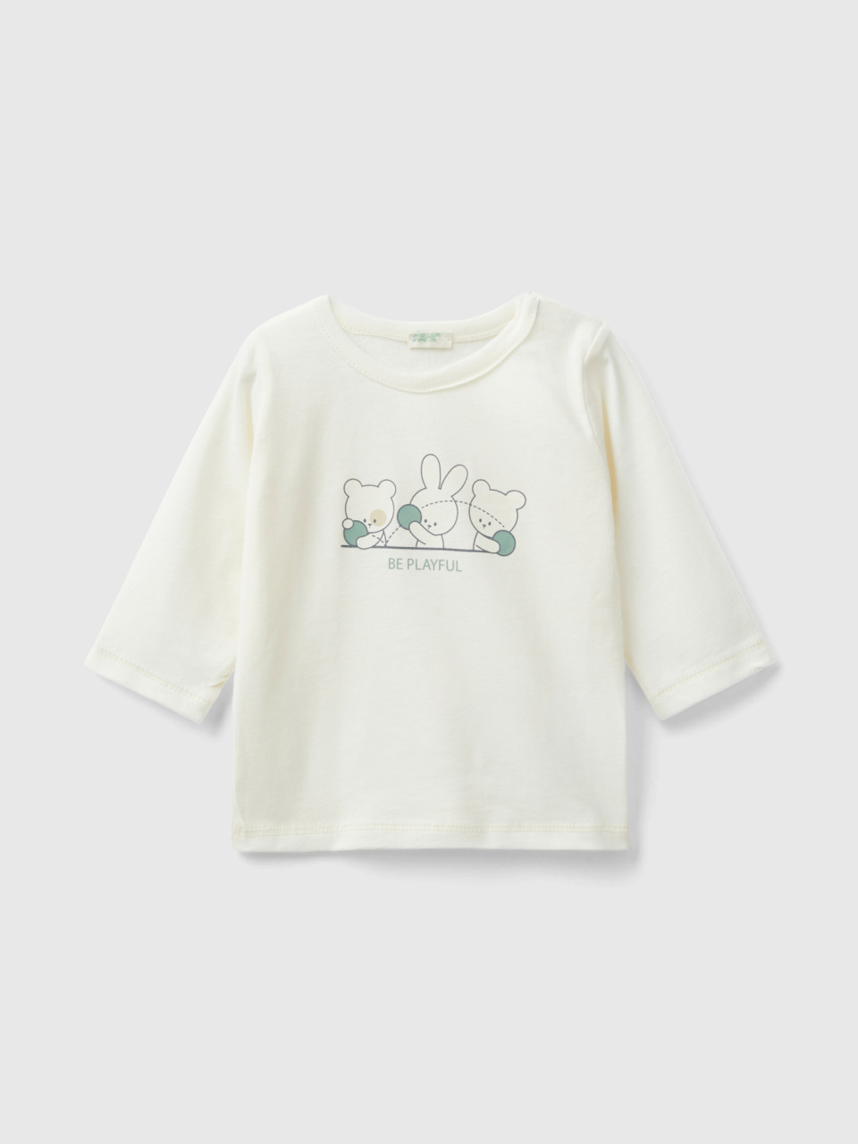 Benetton, T-shirt En Coton Bio Chaud, Crème, Enfants