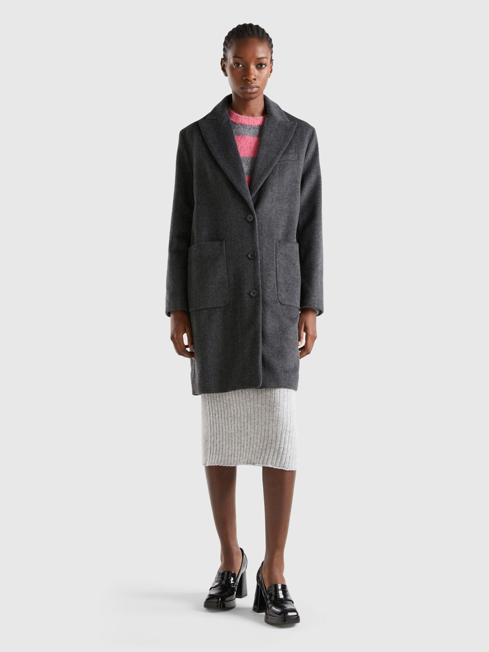 Benetton, Short Coat In Wool Blend, Dark Gray, Women