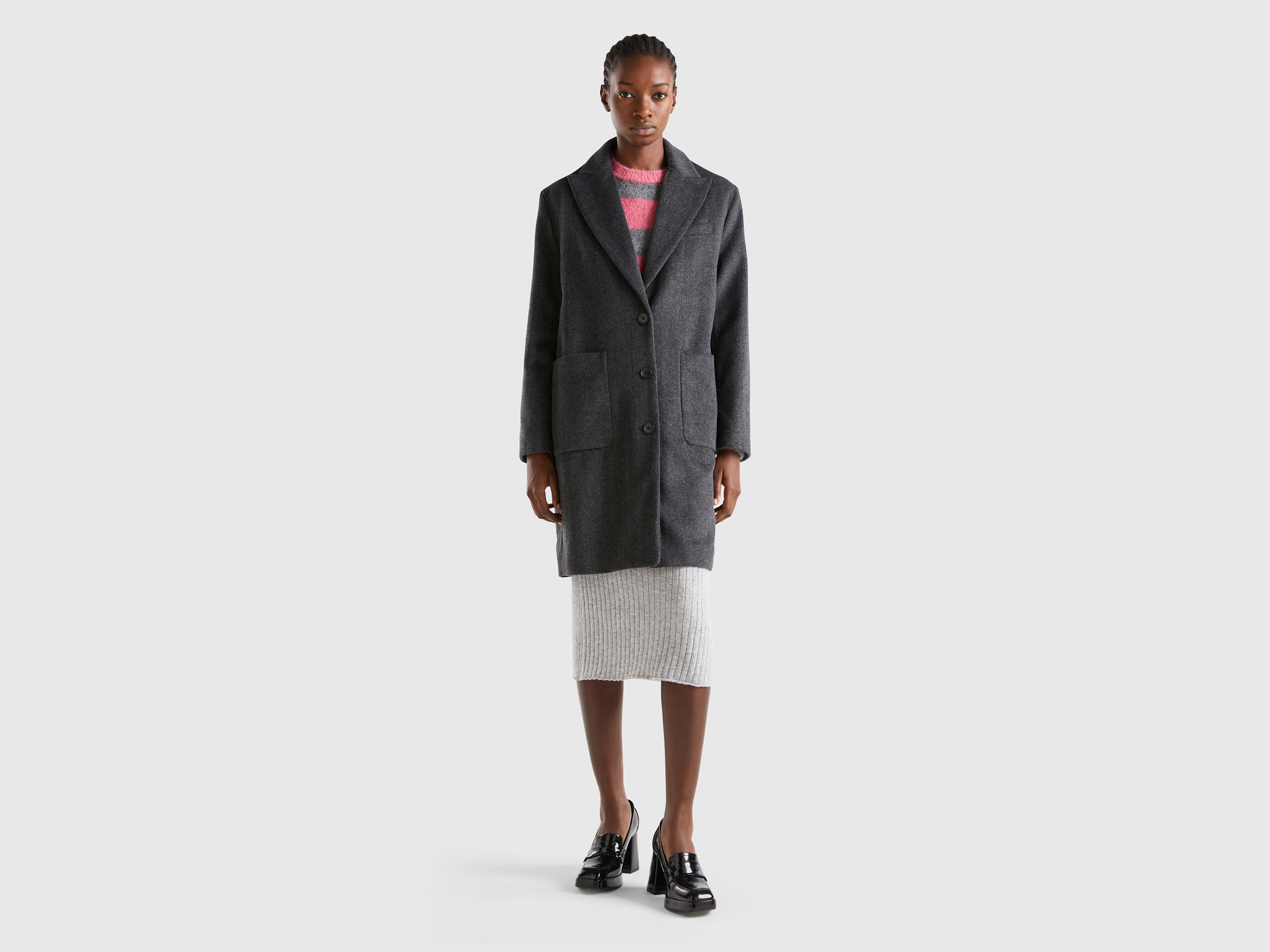 Benetton, Short Coat In Wool Blend, size M, Dark Gray, Women