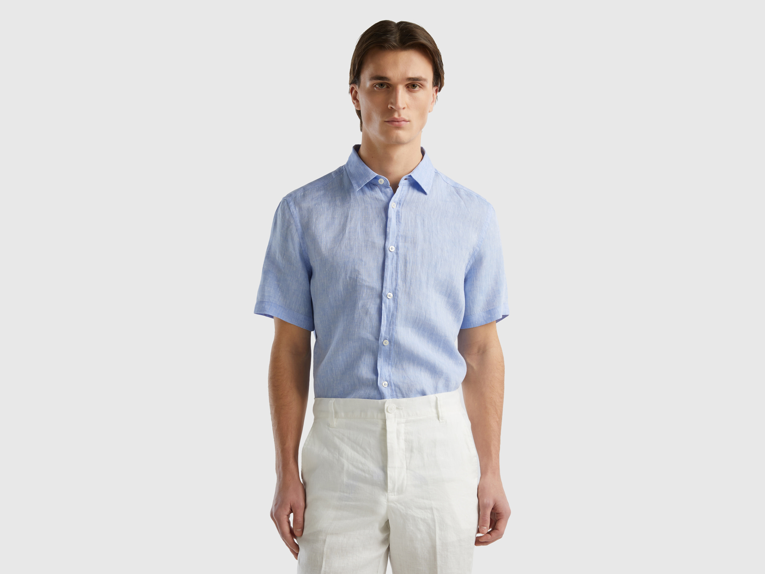 Benetton, 100% Linen Short Sleeve Shirt, size XXXL, Light Blue, Men