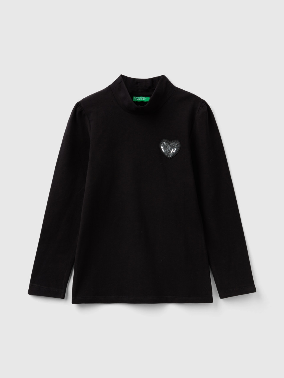 Benetton, Turtle Neck T-shirt Con Sequined Patch, Black, Kids