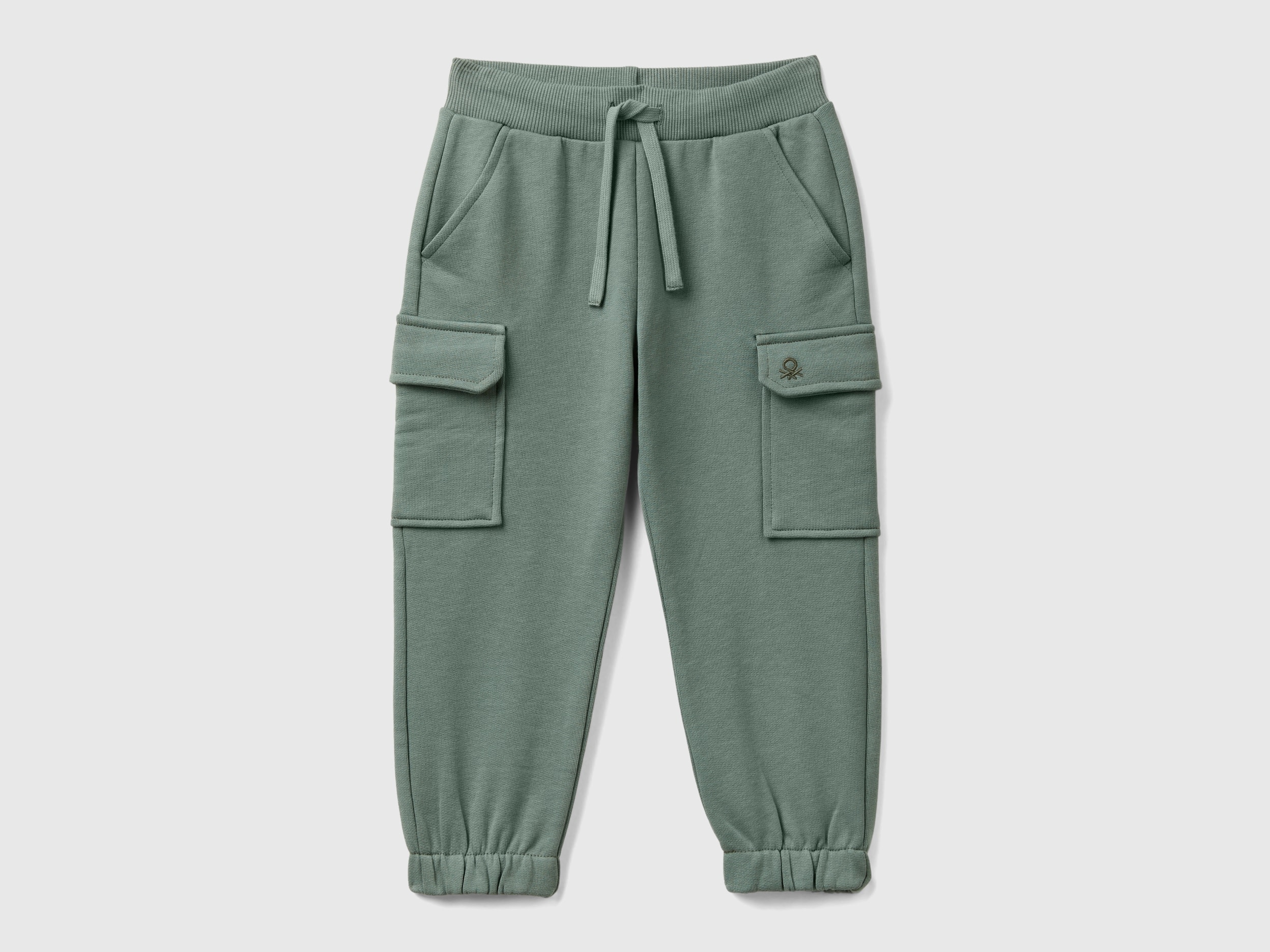 Benetton, Pantaloni Cargo In Felpa, Verde Chiaro, Bambini