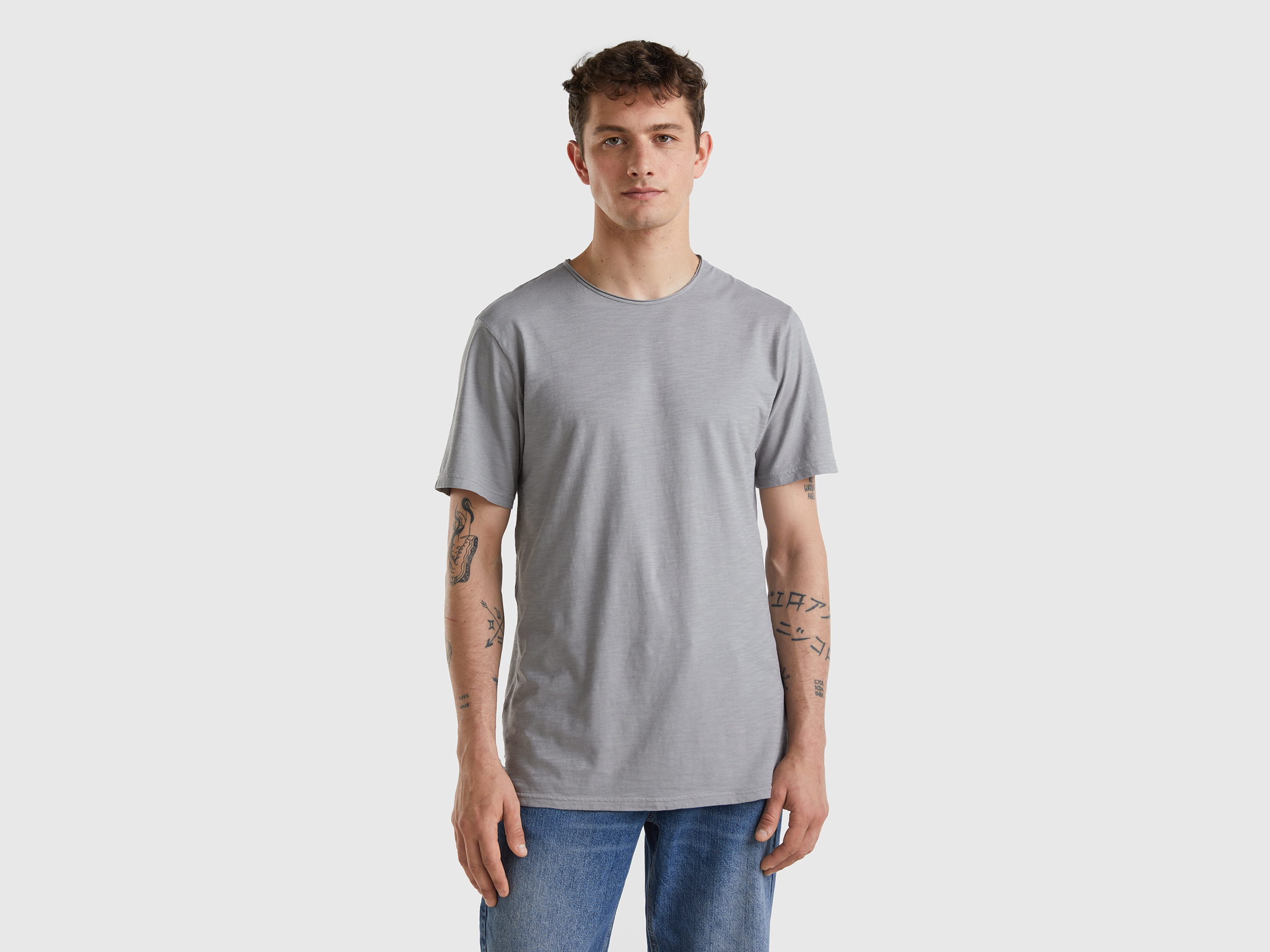 Benetton, Gray T-shirt In Slub Cotton, size S, Gray, Men
