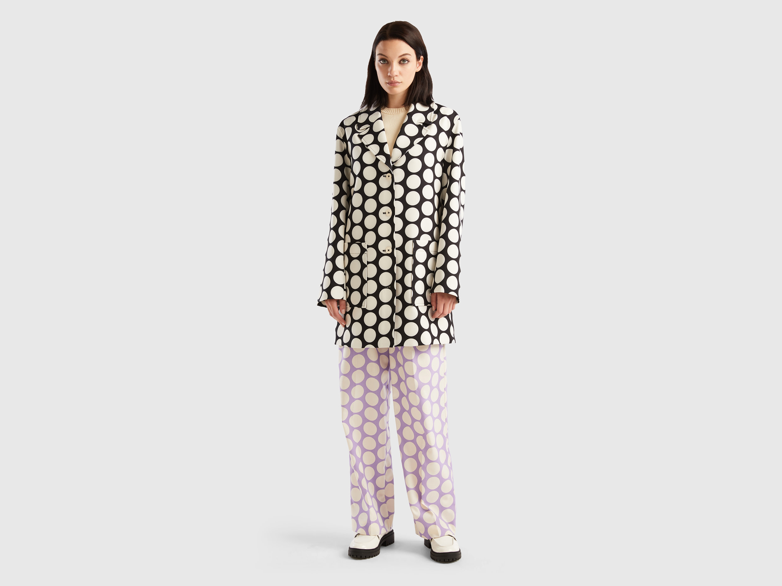 Benetton, Coat With Polka Dot Print, size L, Black, Women