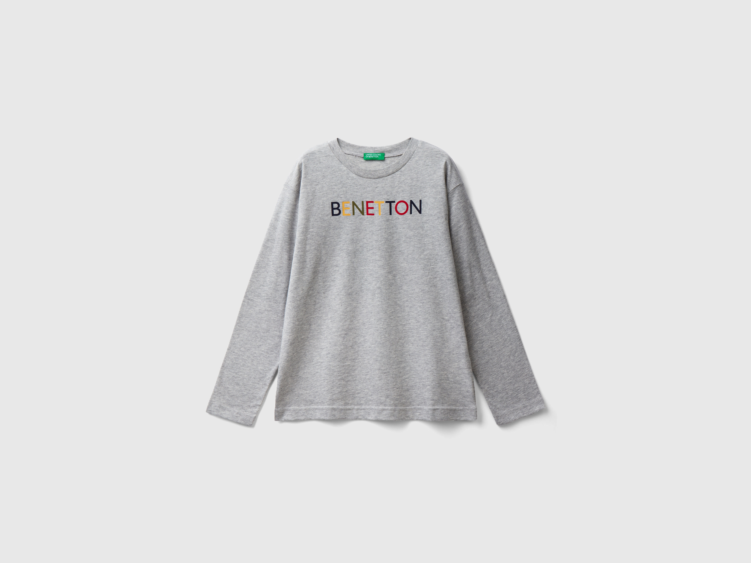 Benetton, Long Sleeve Organic Cotton T-shirt, size 2XL, Light Gray, Kids
