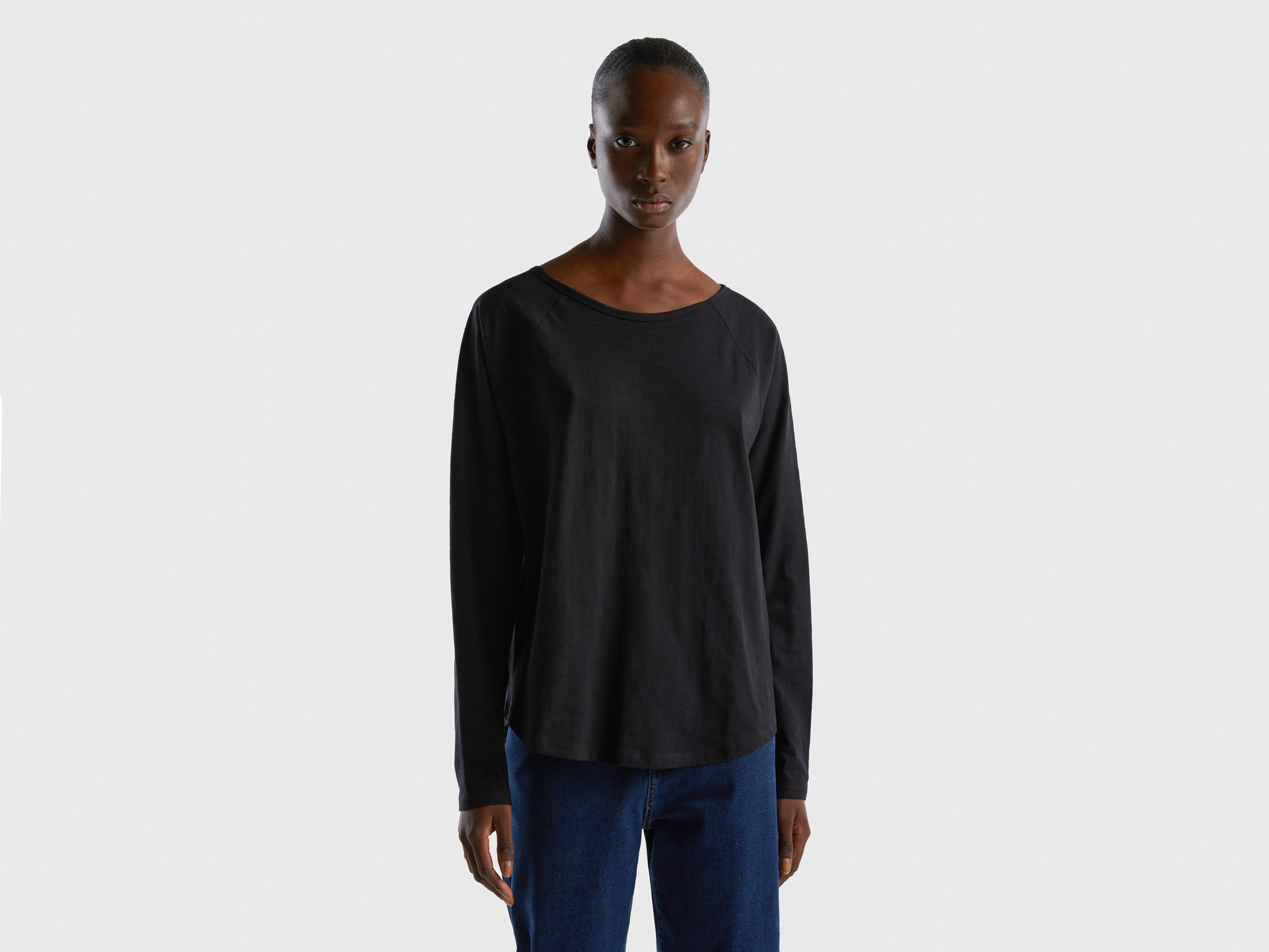 Benetton, Long Sleeve Pure Cotton T-shirt, size XS, Black, Women