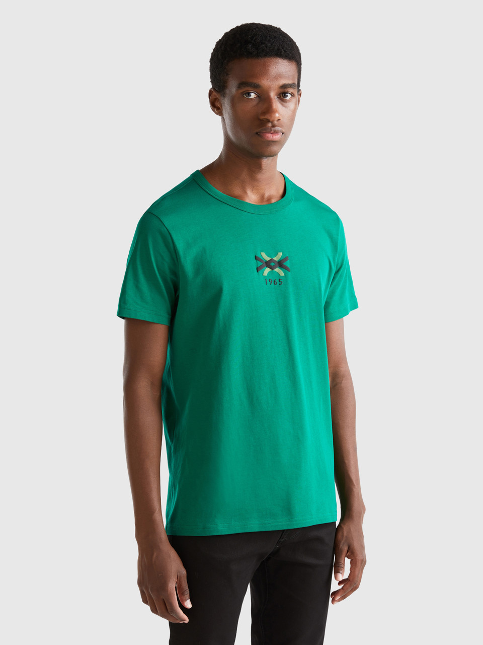 Benetton, T-shirt Vert Forêt En Coton Bio À Imprimé Logo, Vert, Homme