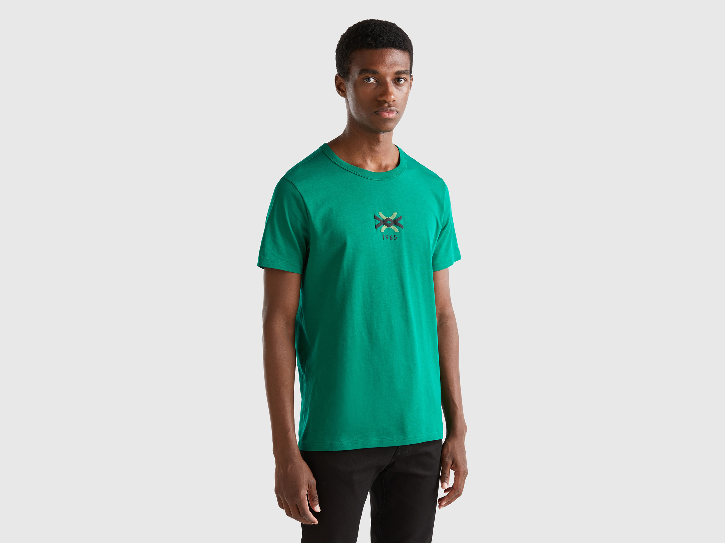 Benetton, Forest Green T-shirt In Organic Cotton With Logo Print, size S, Green, Men