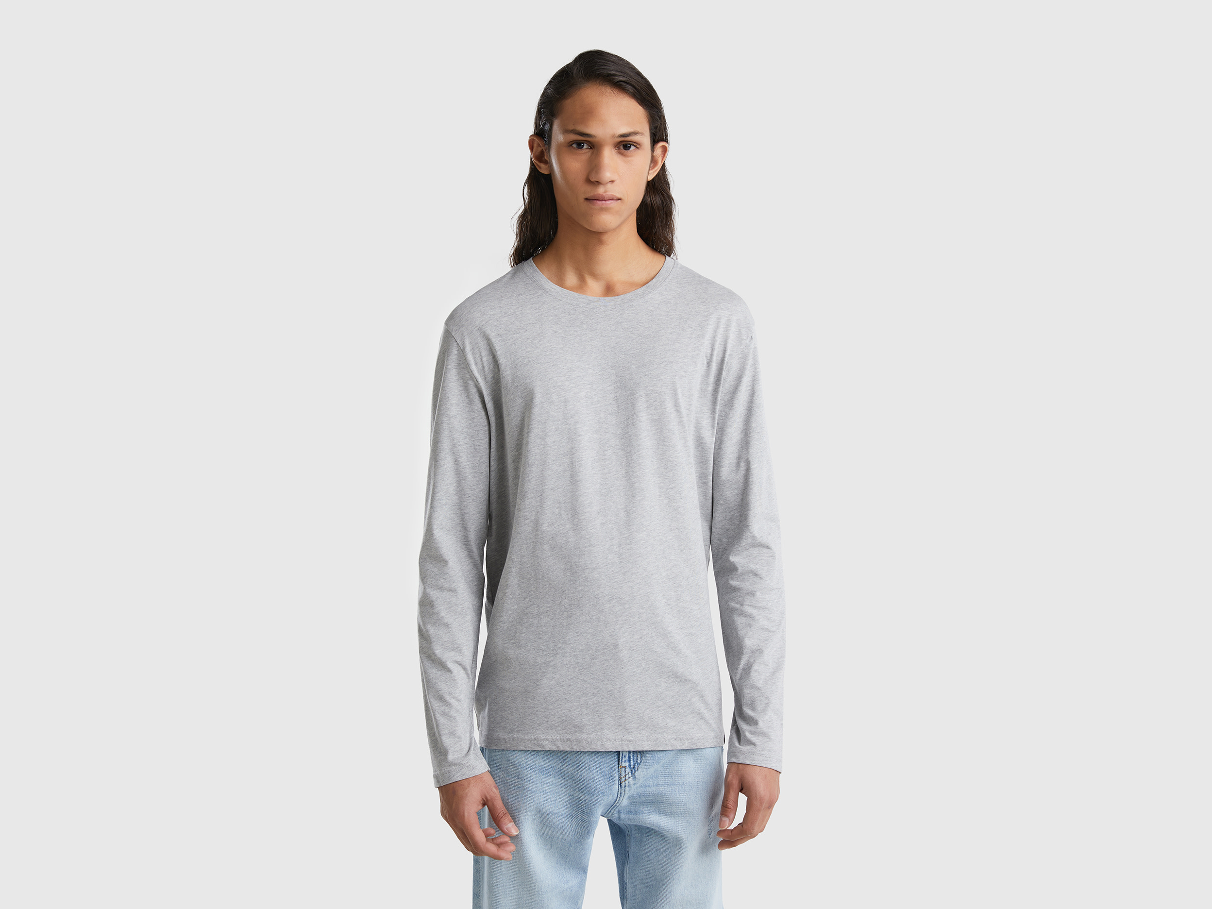 Benetton, Long Sleeve Pure Cotton T-shirt, size XXL, Light Gray, Men