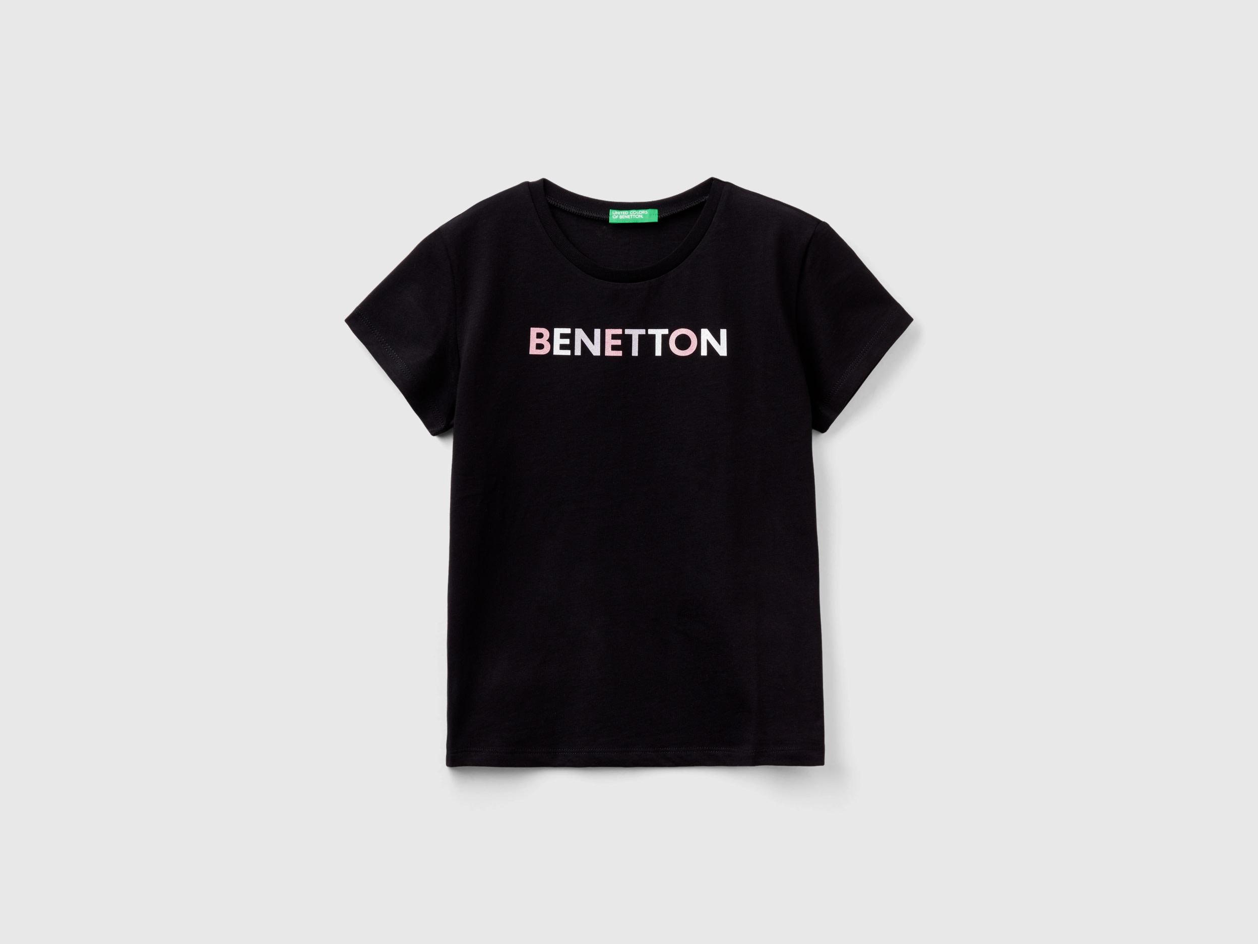 Benetton, T-shirt With Glittery Logo In Organic Cotton, size XL, Black, Kids