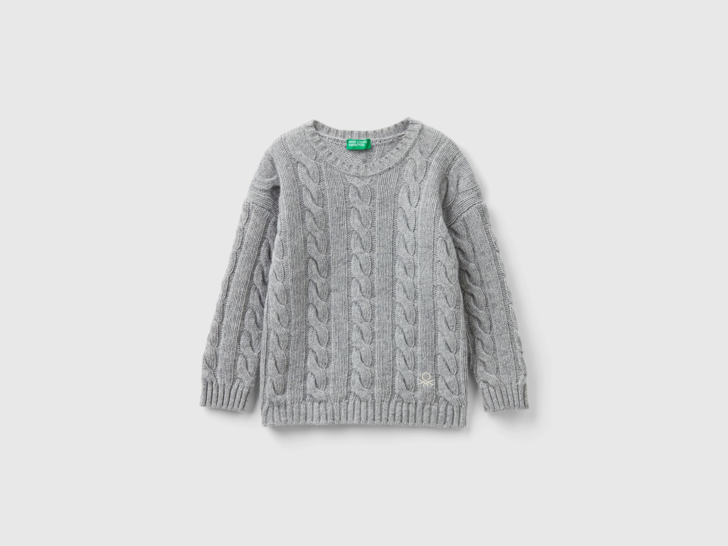 Benetton, Cable Knit Sweater In Wool Blend, size 3-4, Gray, Kids
