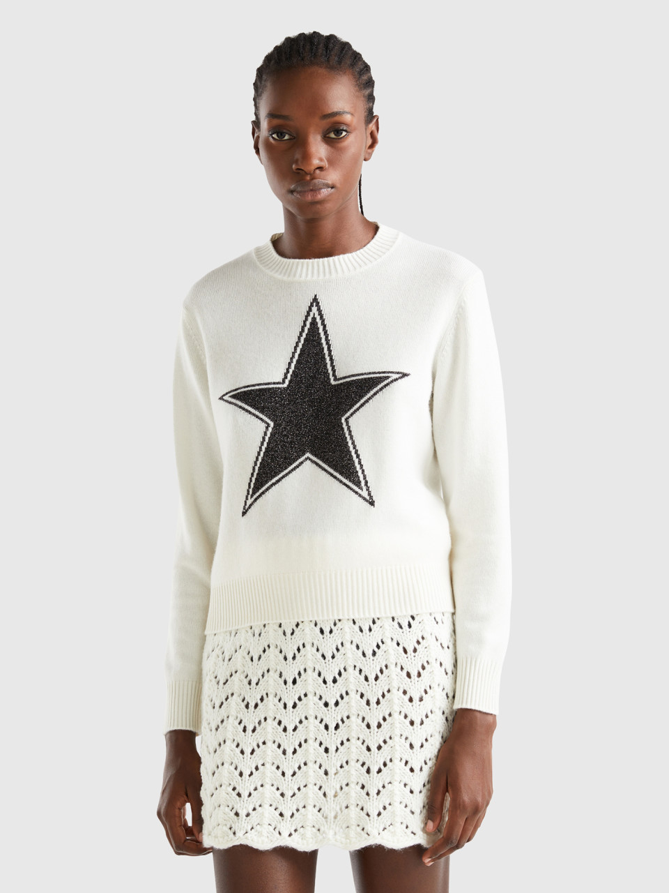 Benetton, Sweater With Lurex Star, White, Women