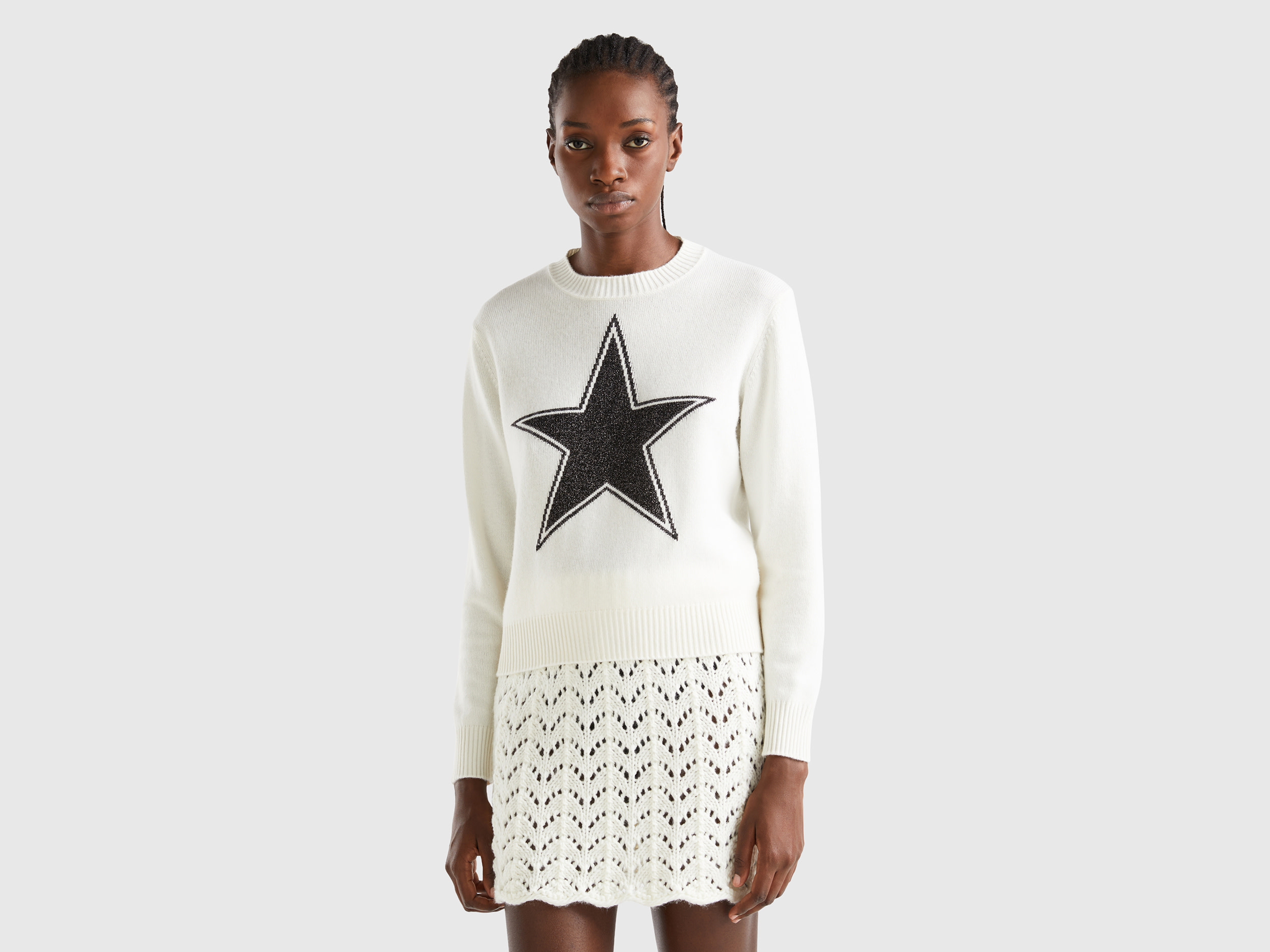 Benetton, Sweater With Lurex Star, size L, White, Women