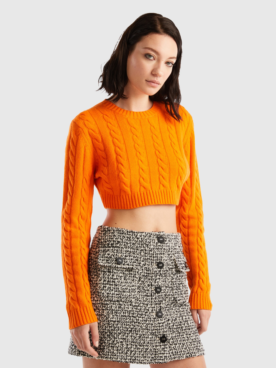 Benetton, Cropped Sweater With Cables, Orange, Women