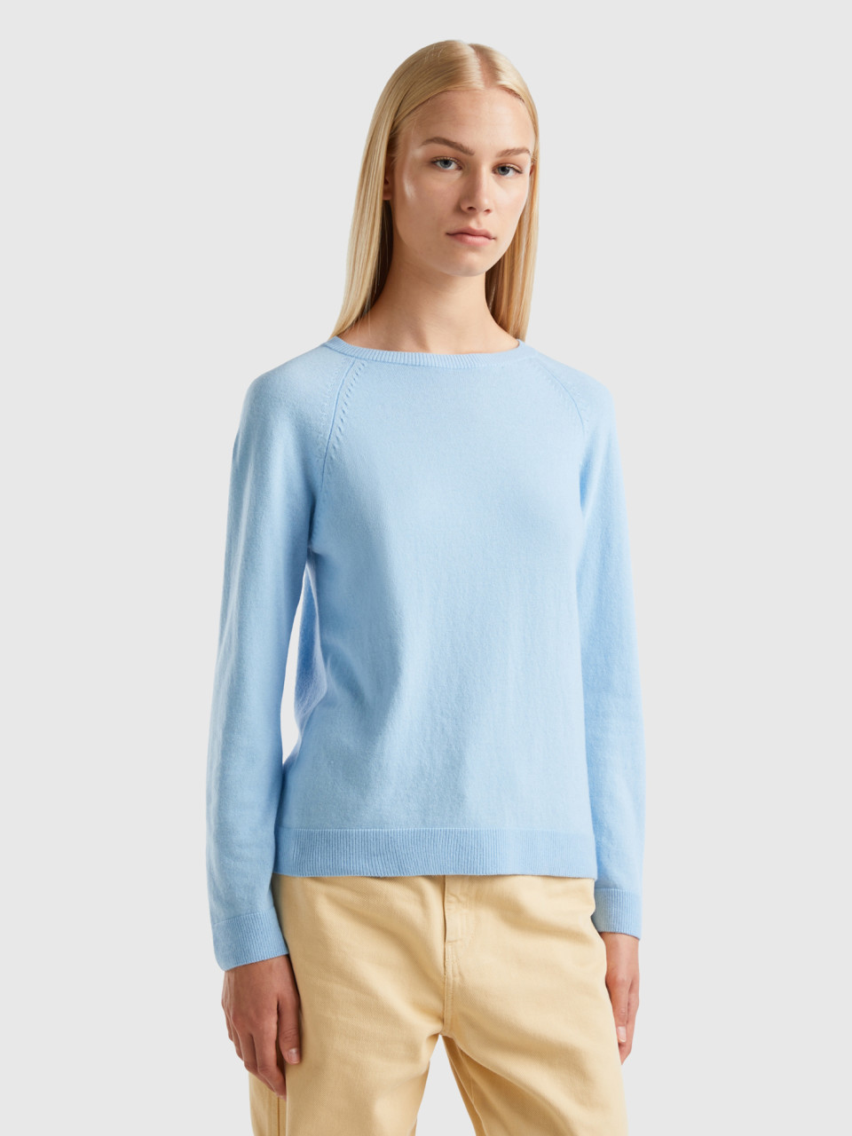 Benetton, Light Blue Crew Neck Sweater In Cashmere And Wool Blend, Light Blue, Women