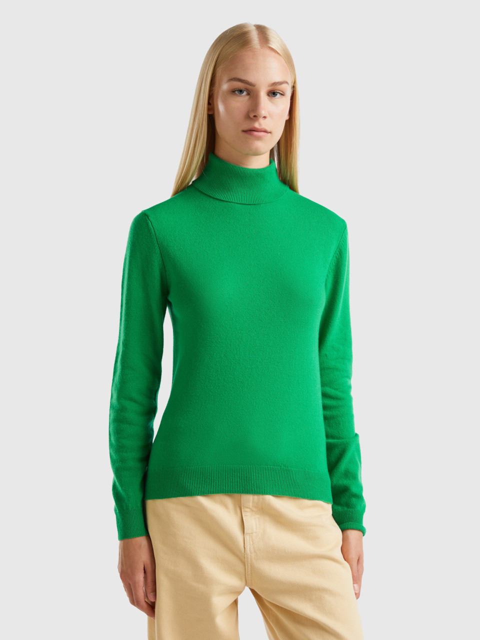 Benetton, Green Turtleneck In Pure Merino Wool, Green, Women