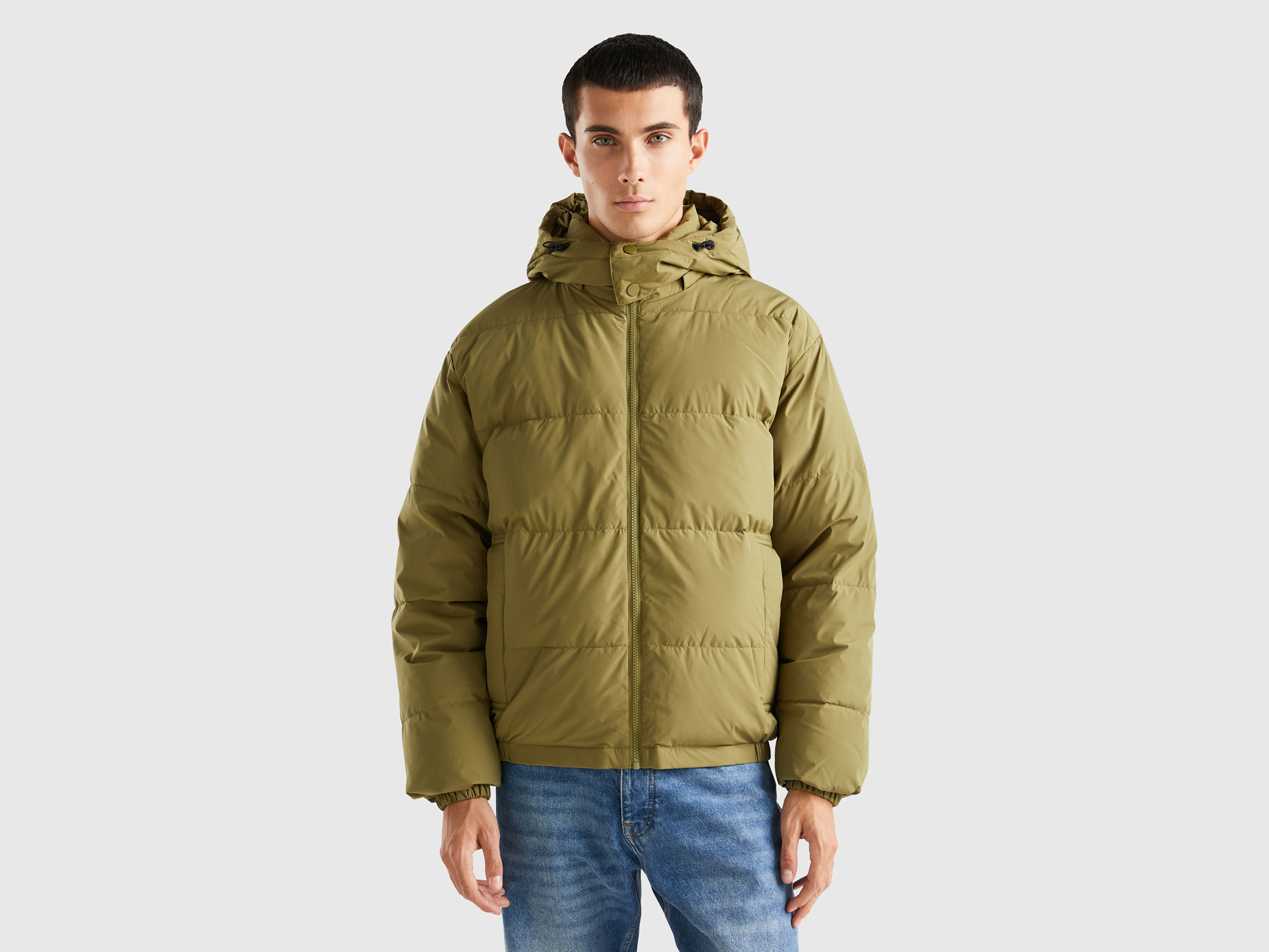 Benetton, Padded Jacket With Removable Hood, size S, Military Green, Men