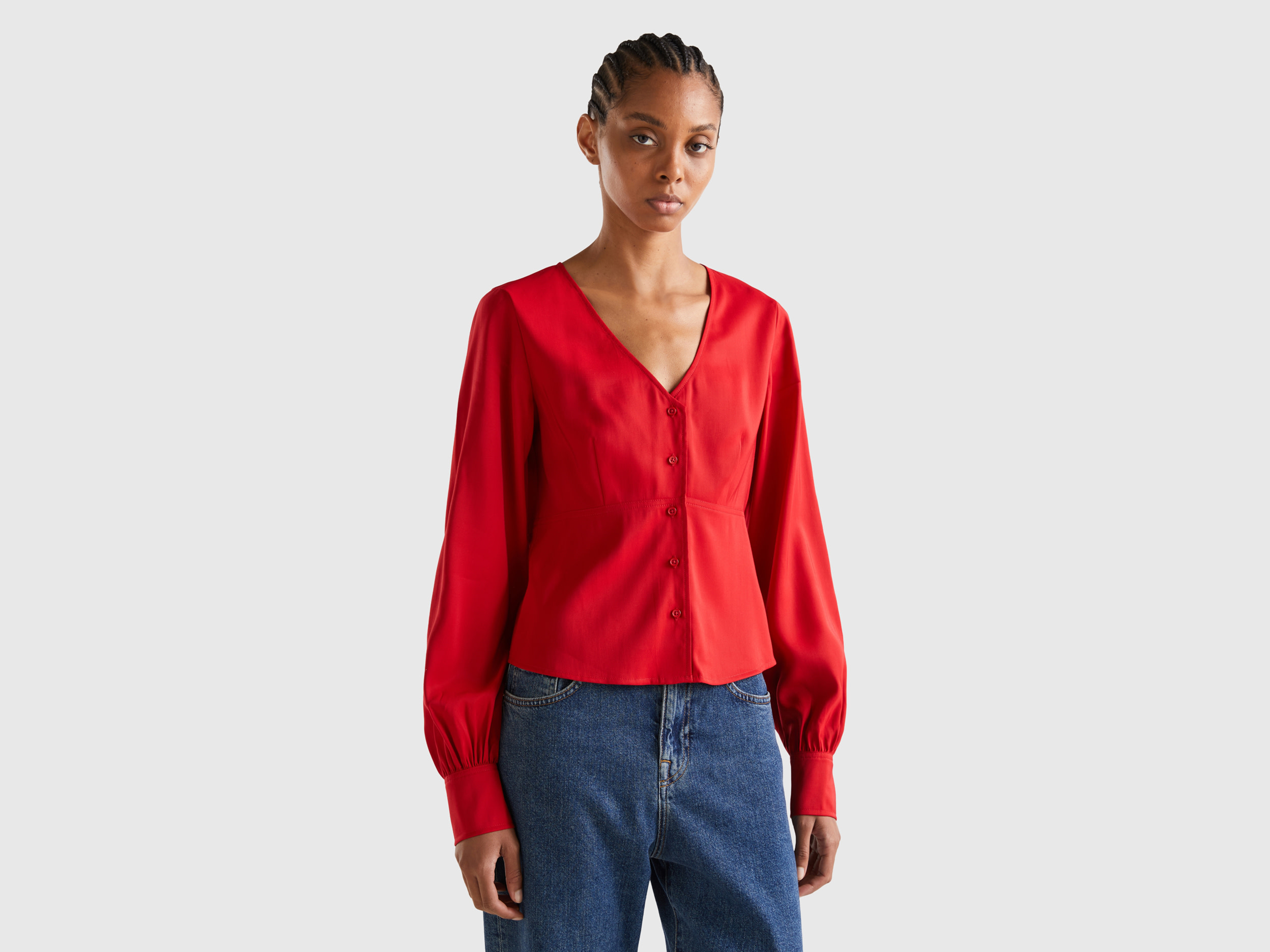 Benetton, V-neck Shirt In 100% Cotton, size S, Red, Women