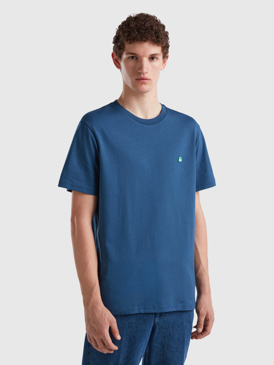 Benetton, Basic-t-shirt Aus 100% Bio-baumwolle, Taubenblau, male