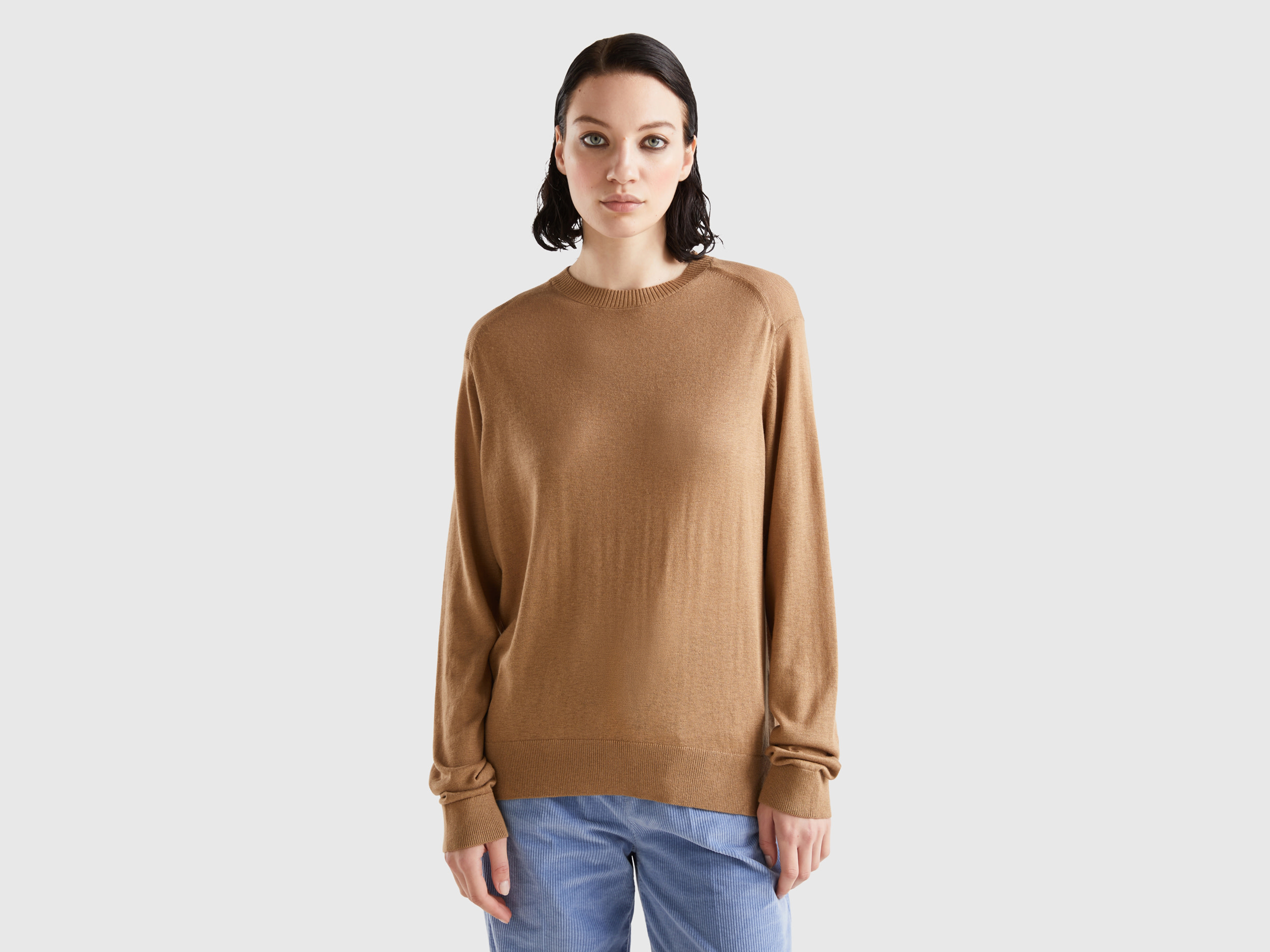 Benetton, Sweater In Viscose Blend With Slits, size M, Camel, Women