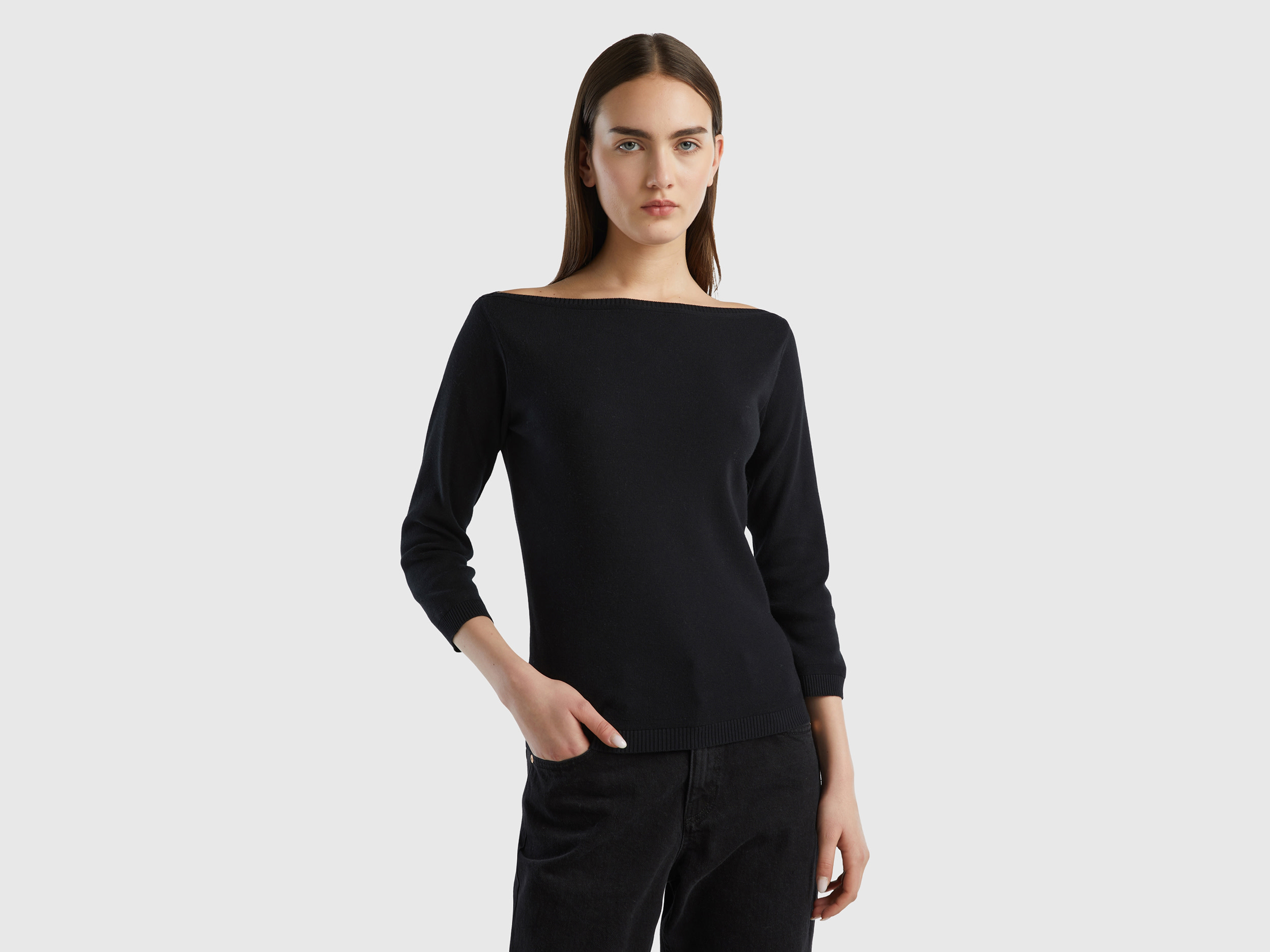Benetton Online exclusive, 100% Cotton Boat Neck Sweater, size L, Black, Women