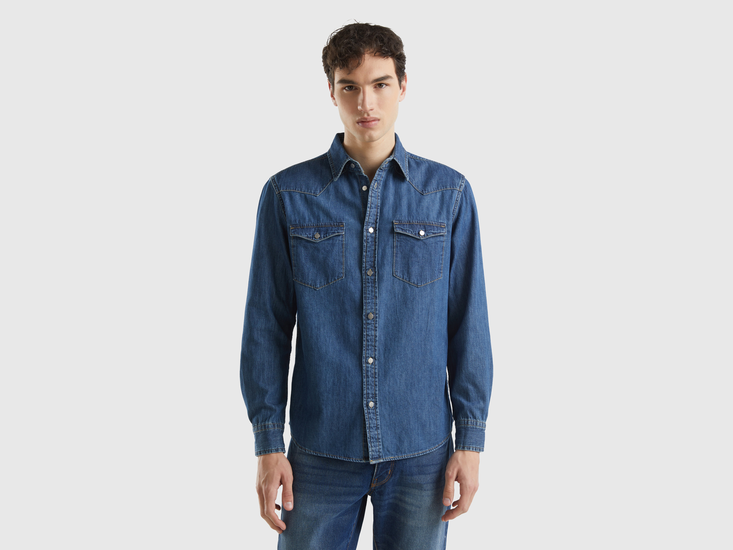 benetton, chemise en jeans coupe regular, taille xxl, bleu clair, homme