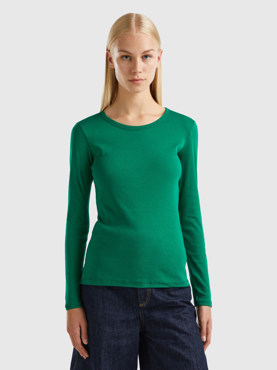 Benetton, Long Sleeve Pure Cotton T-shirt, Green, Women