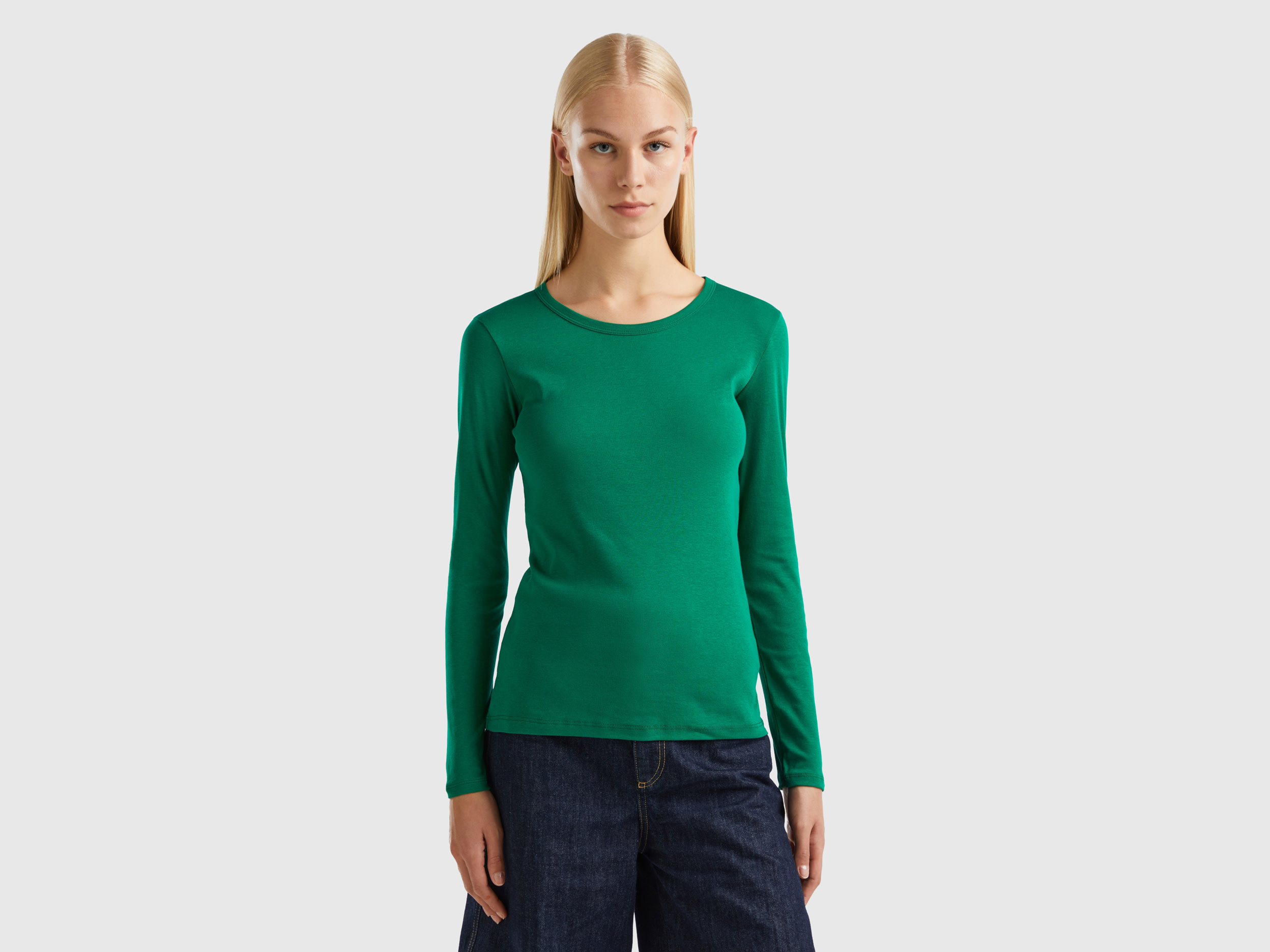 Benetton, Long Sleeve Pure Cotton T-shirt, size M, Green, Women