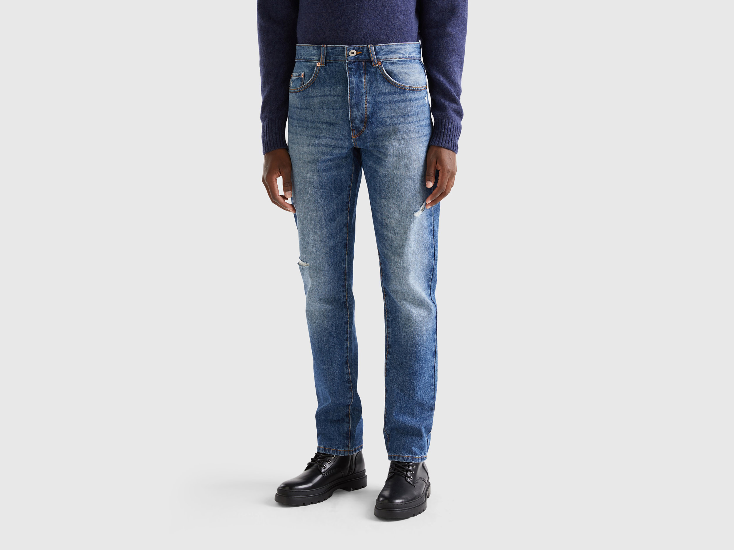 Benetton, Straight Leg Jeans With Tears, size 29, Light Blue, Men