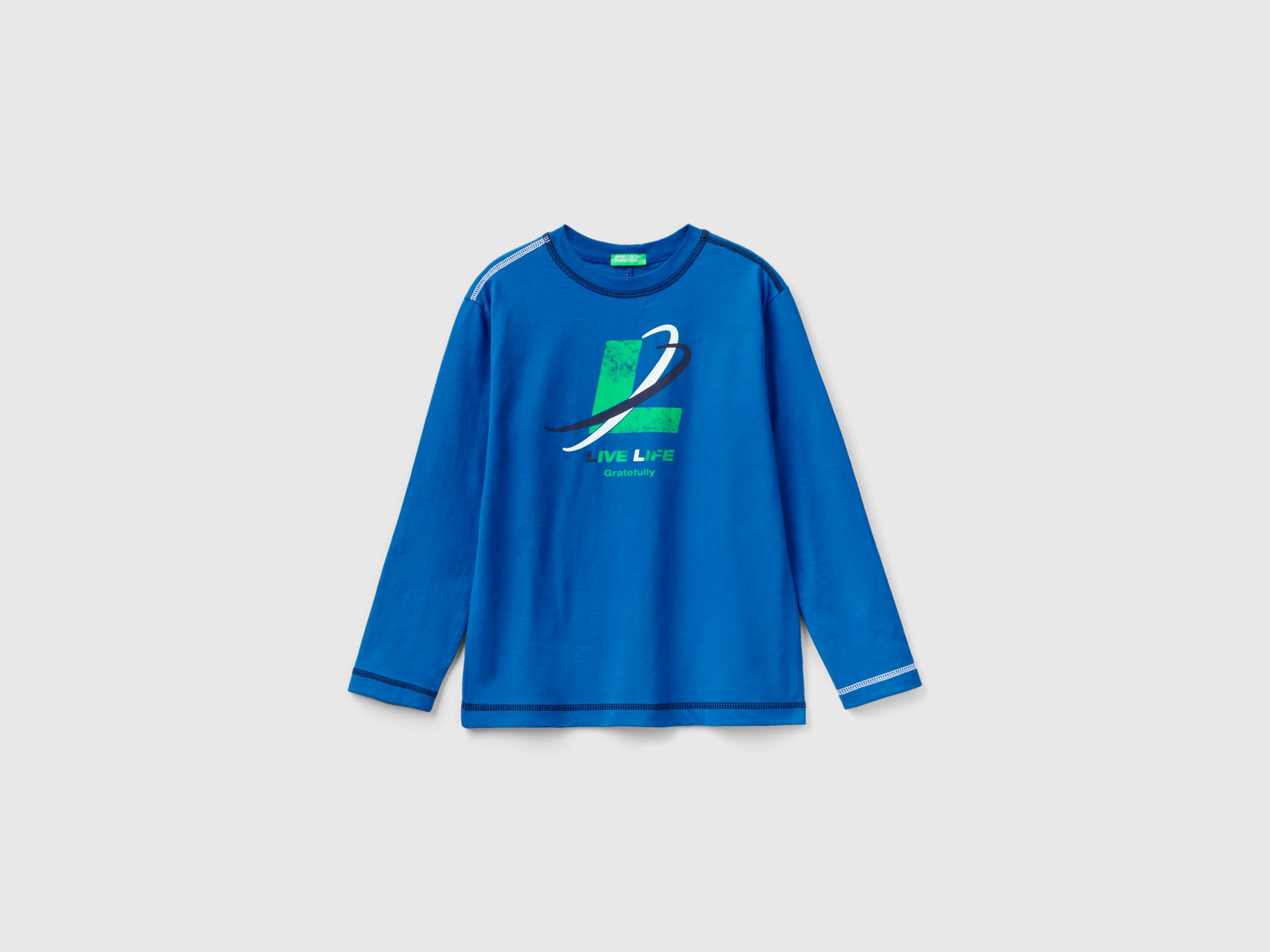 Benetton, T-shirt With Slogan Print, size S, Bright Blue, Kids