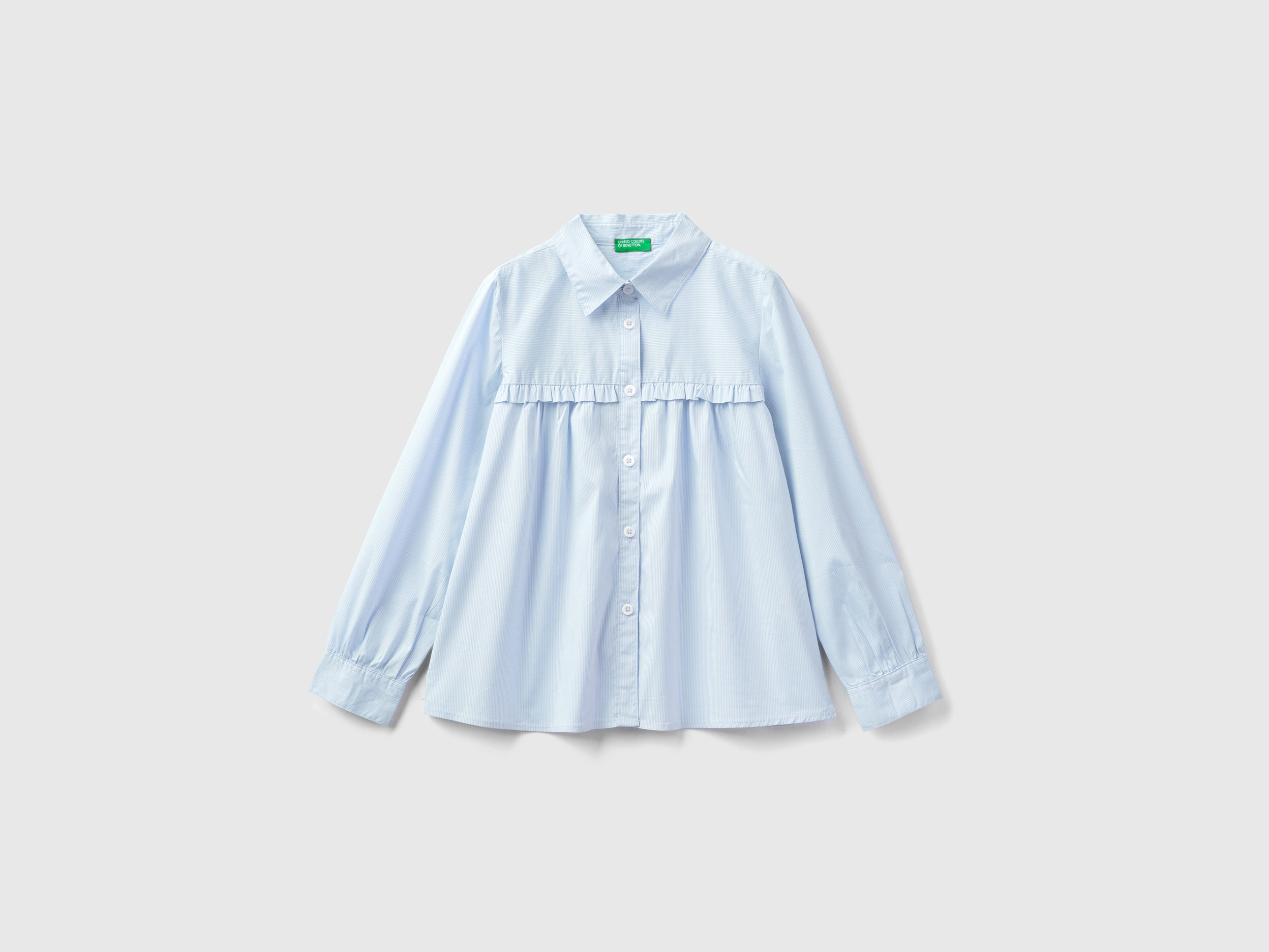 Benetton, Shirt With Rouches On The Yoke, size S, Sky Blue, Kids