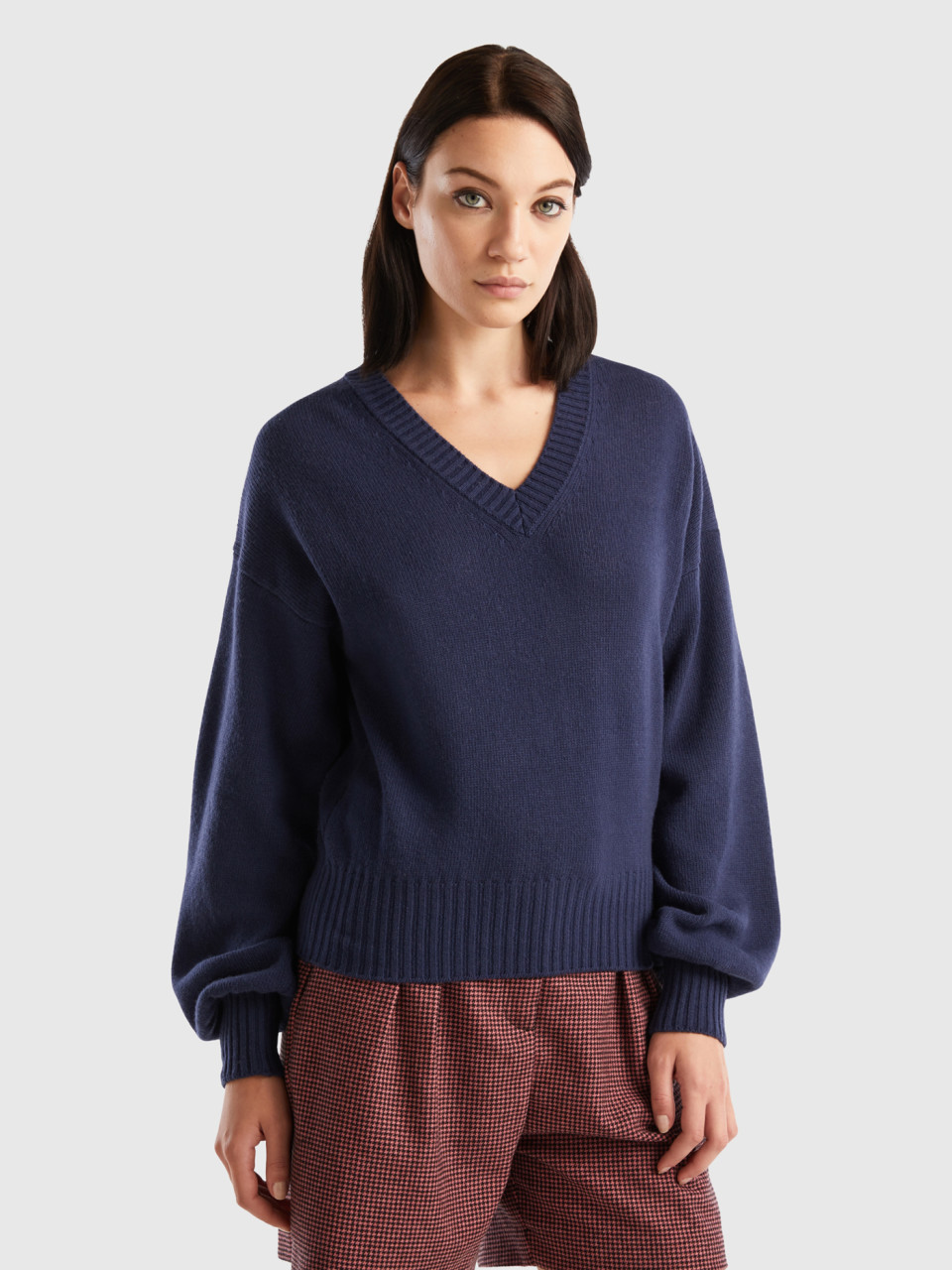 Benetton, V-neck Sweater In Wool Blend, Dark Blue, Women