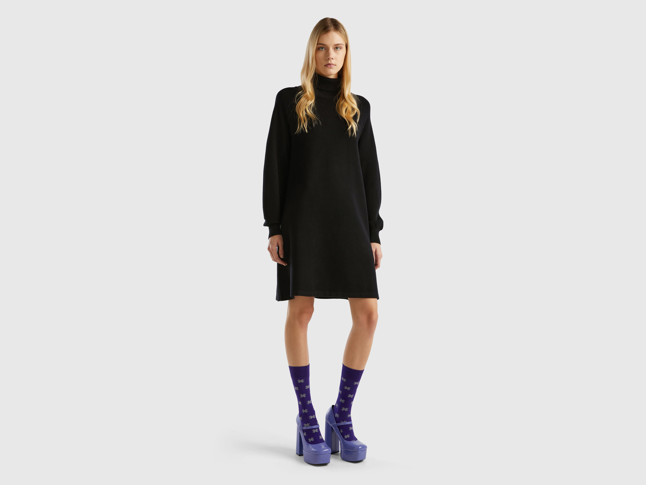 Benetton, Knit Dress With High Neck, size L-XL, Black, Women
