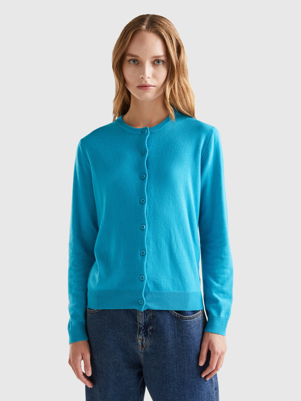 Benetton, Light Blue Cardigan In Cashmere And Wool Blend, Light Blue, Women