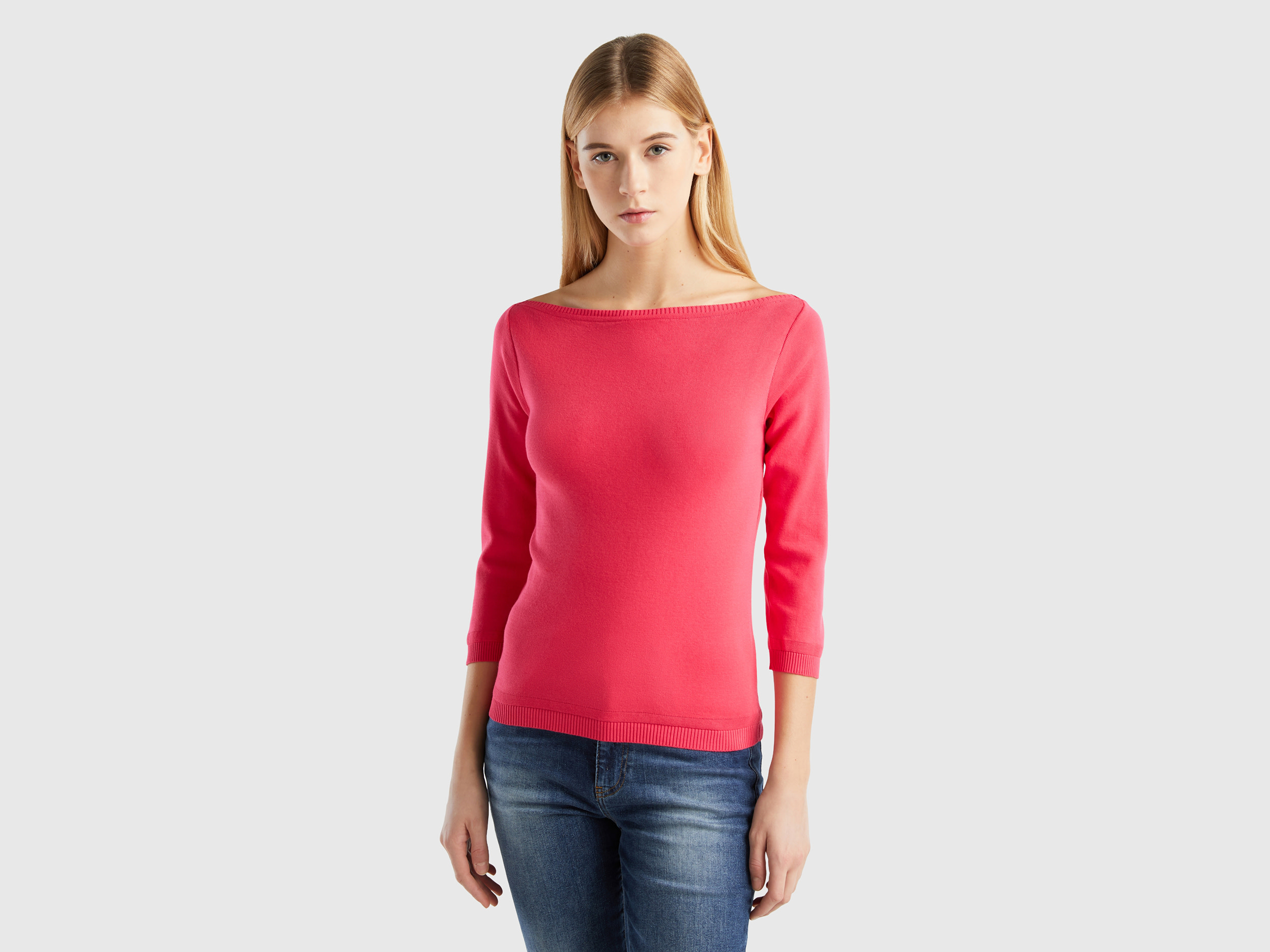 Benetton, 100% Cotton Boat Neck Sweater, size L, Fuchsia, Women