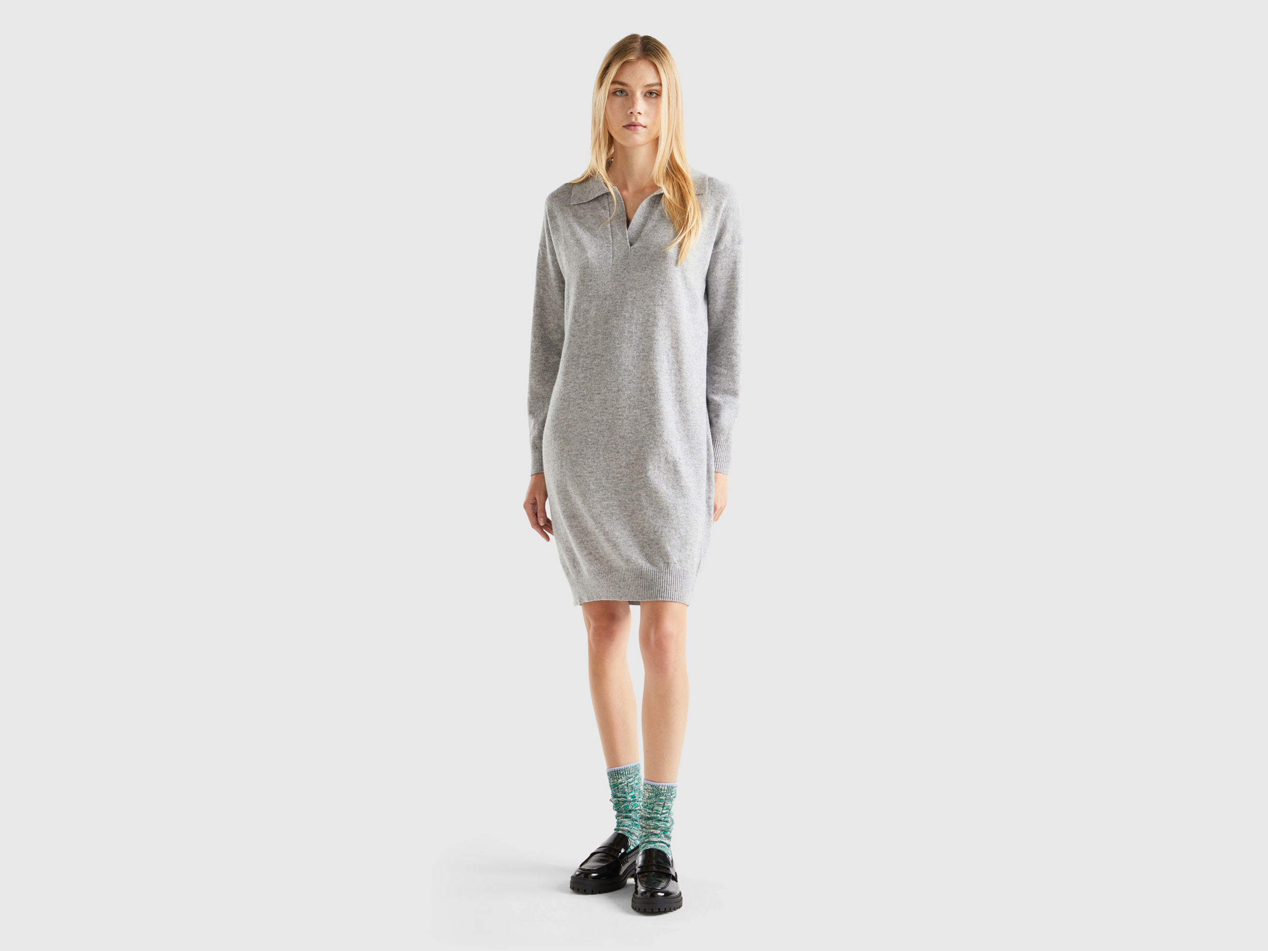 Benetton, Knit Dress With Collar, size L, Light Gray, Women