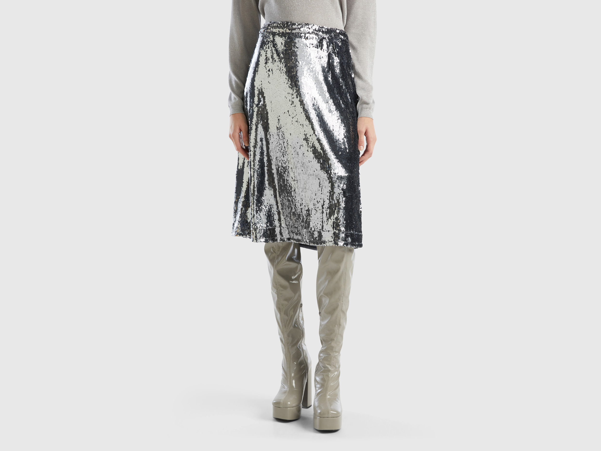Benetton, Midi Skirt With Sequins, size 6, Silver, Women