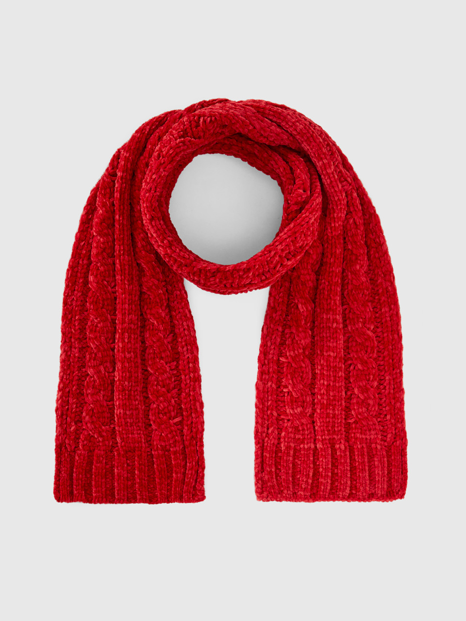 Benetton, Chenille Scarf With Cable Knit, Red, Kids