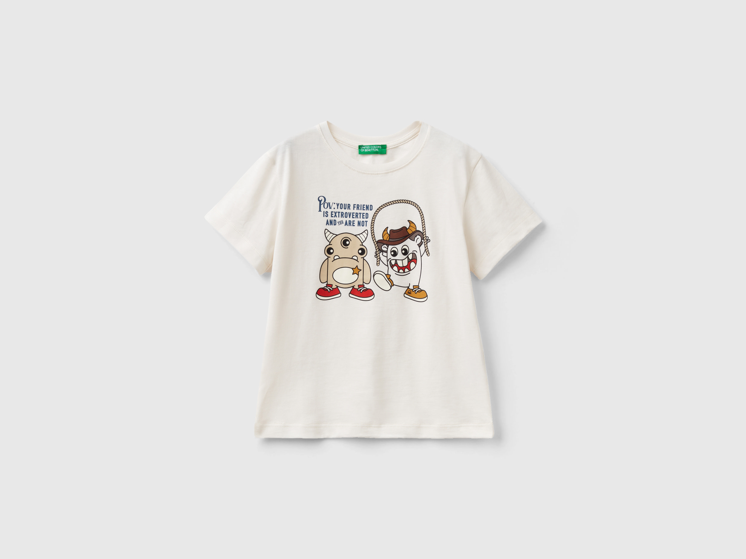 Benetton, T-shirt With Animal Print, size 5-6, Creamy White, Kids