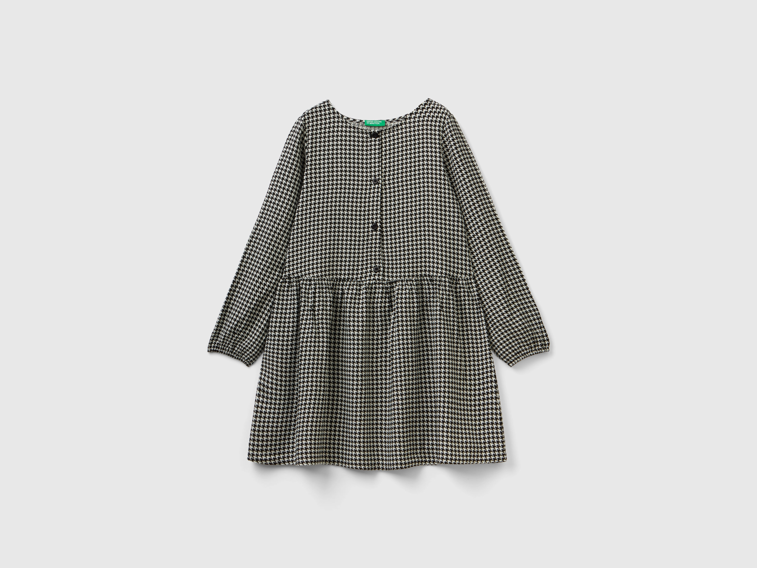 Benetton, Houndstooth Dress In Sustainable Viscose, size 2XL, Black, Kids
