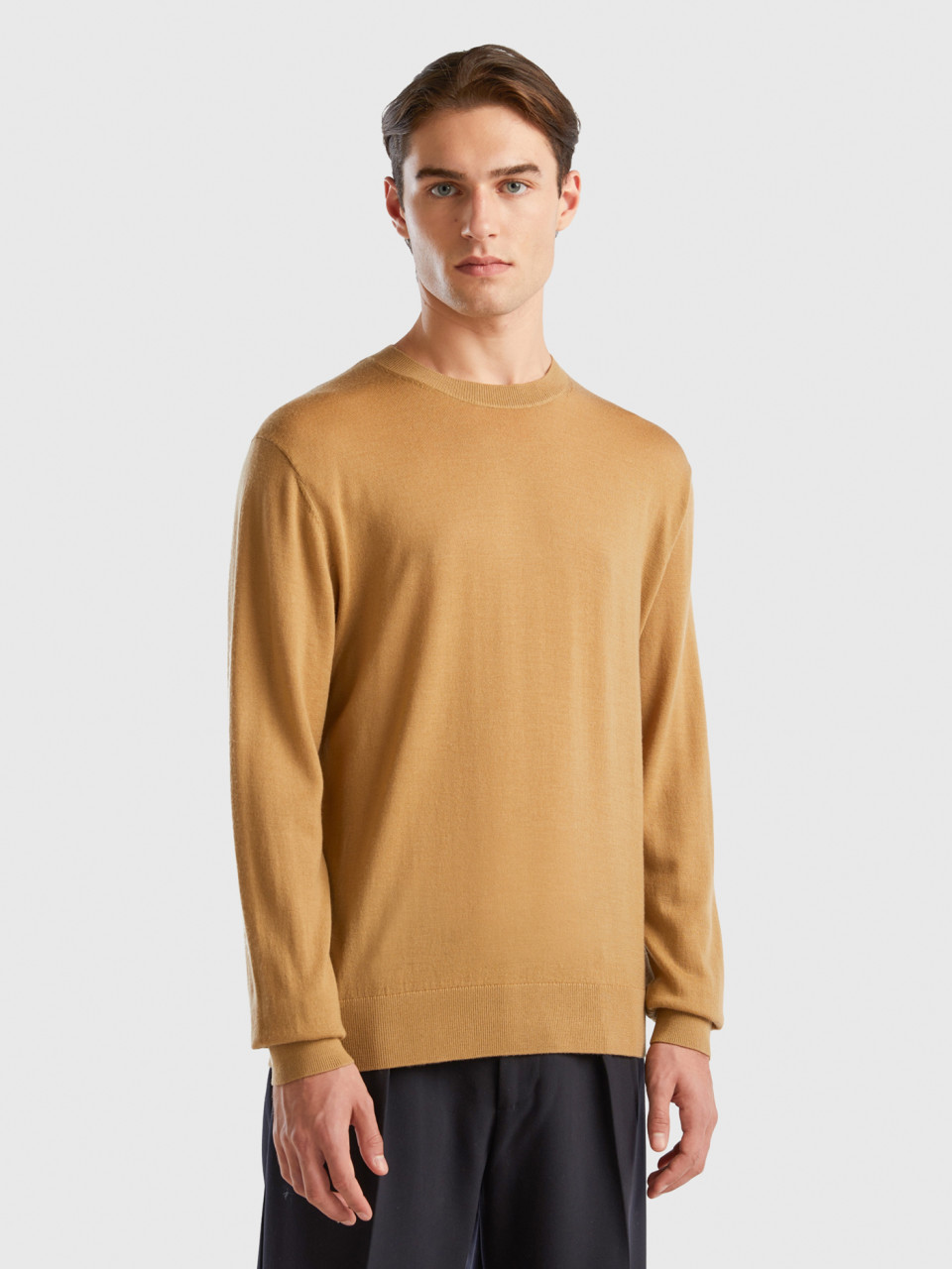 Benetton, Beige Sweater In Pure Merino Wool, Beige, Men