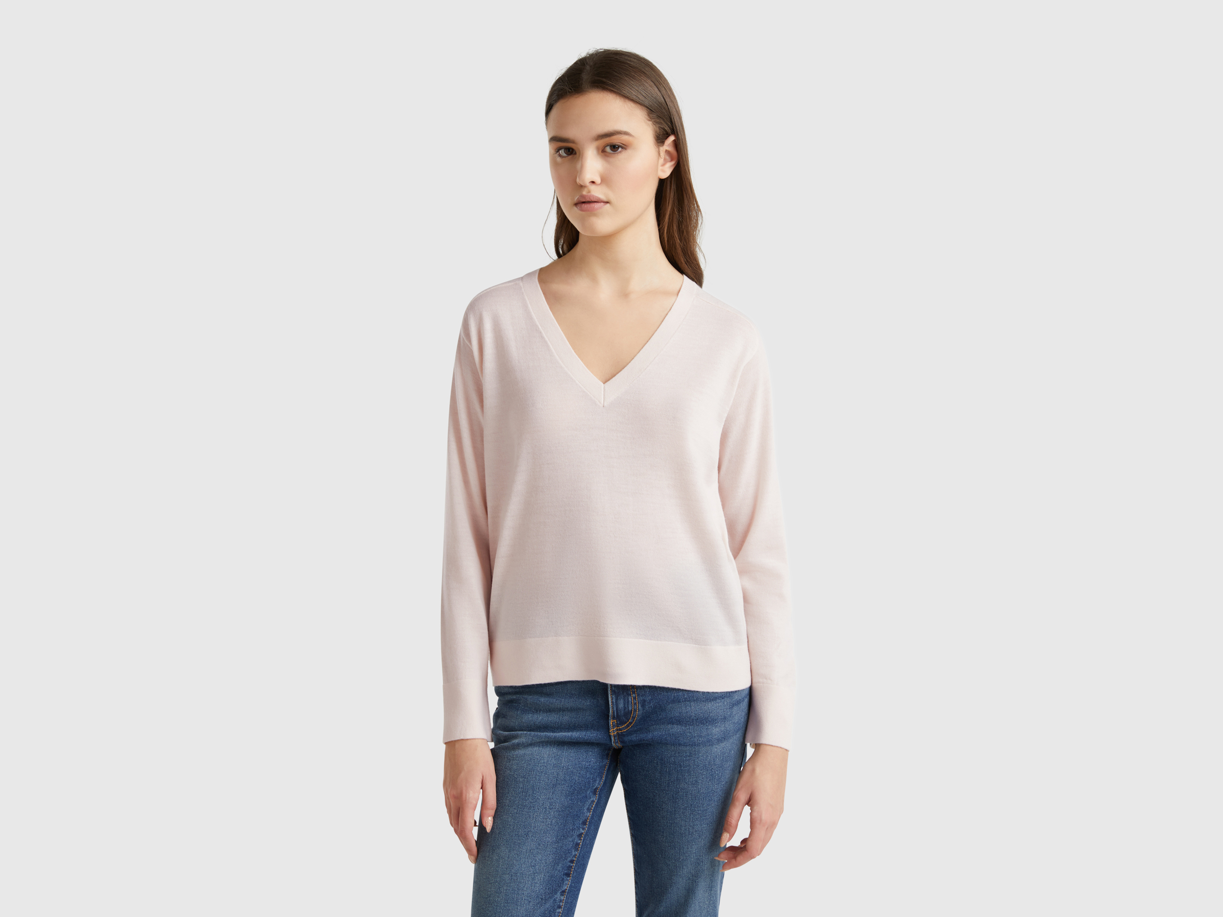 Benetton, Pull Col V En Pure Laine Mérinos, taille L, Rose Pâle - United Colors of Benetton - Modalova