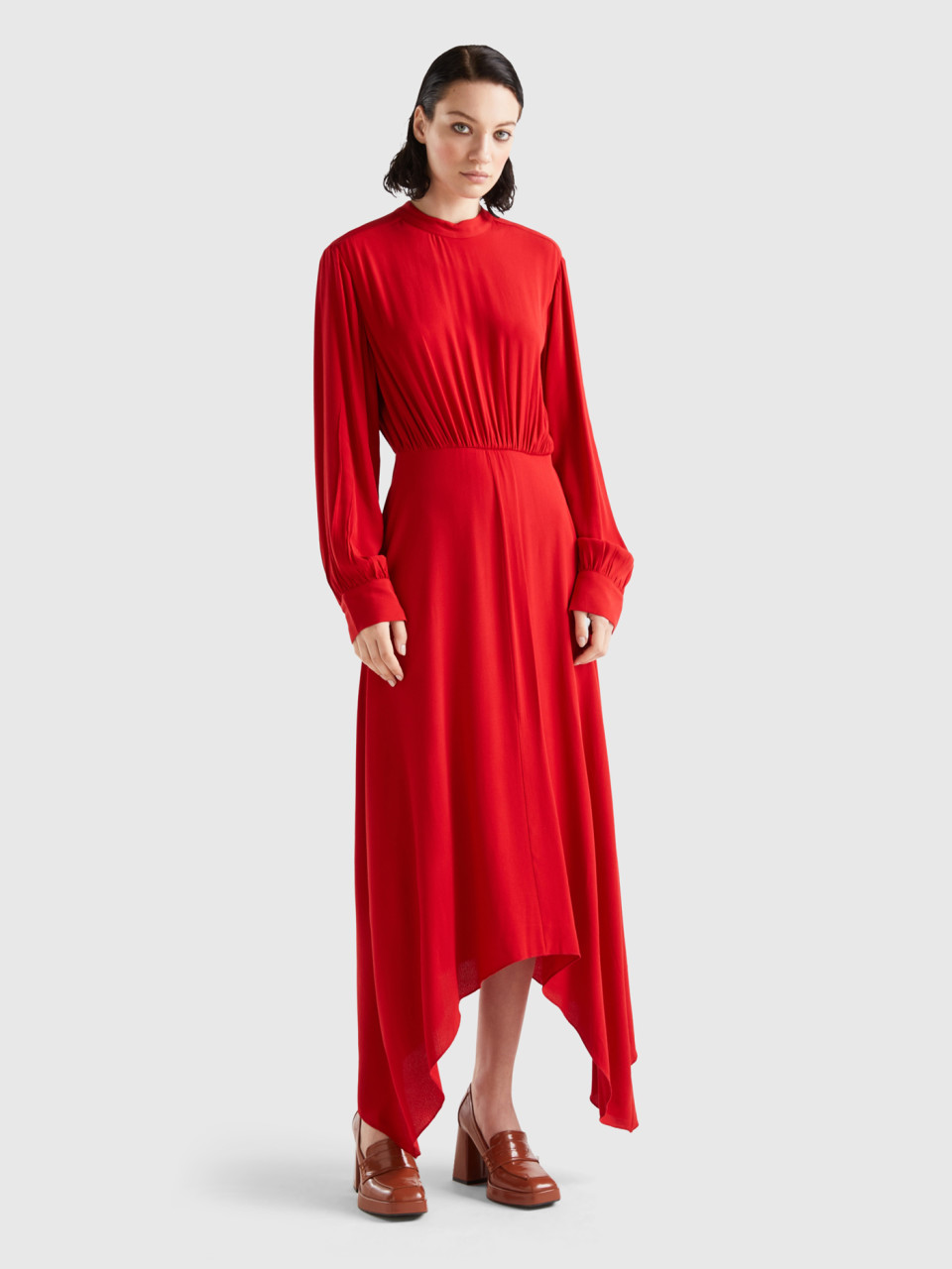 Benetton, Long Dress In Flowy Viscose, Red, Women