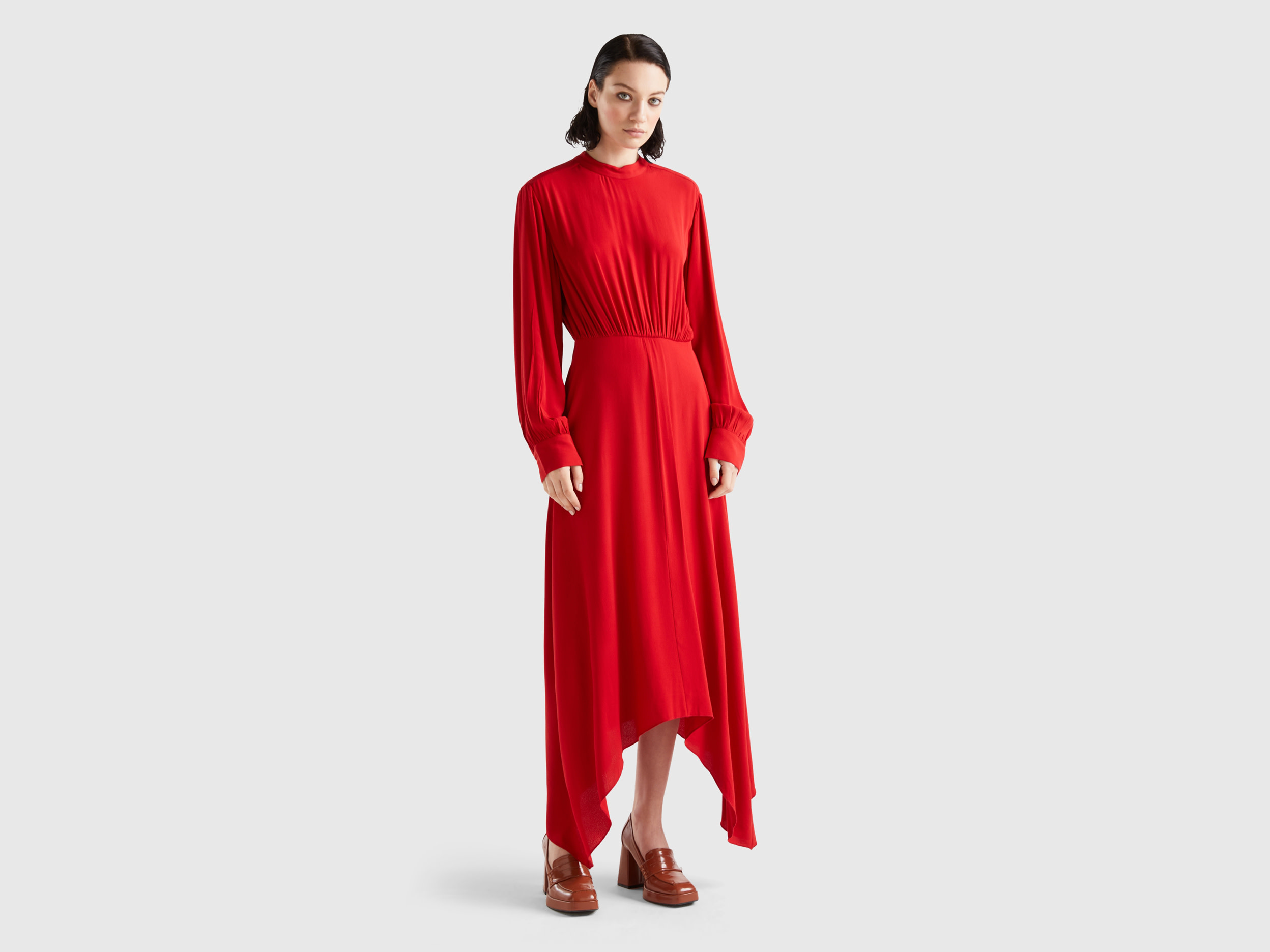 Benetton, Long Dress In Flowy Viscose, size S, Red, Women