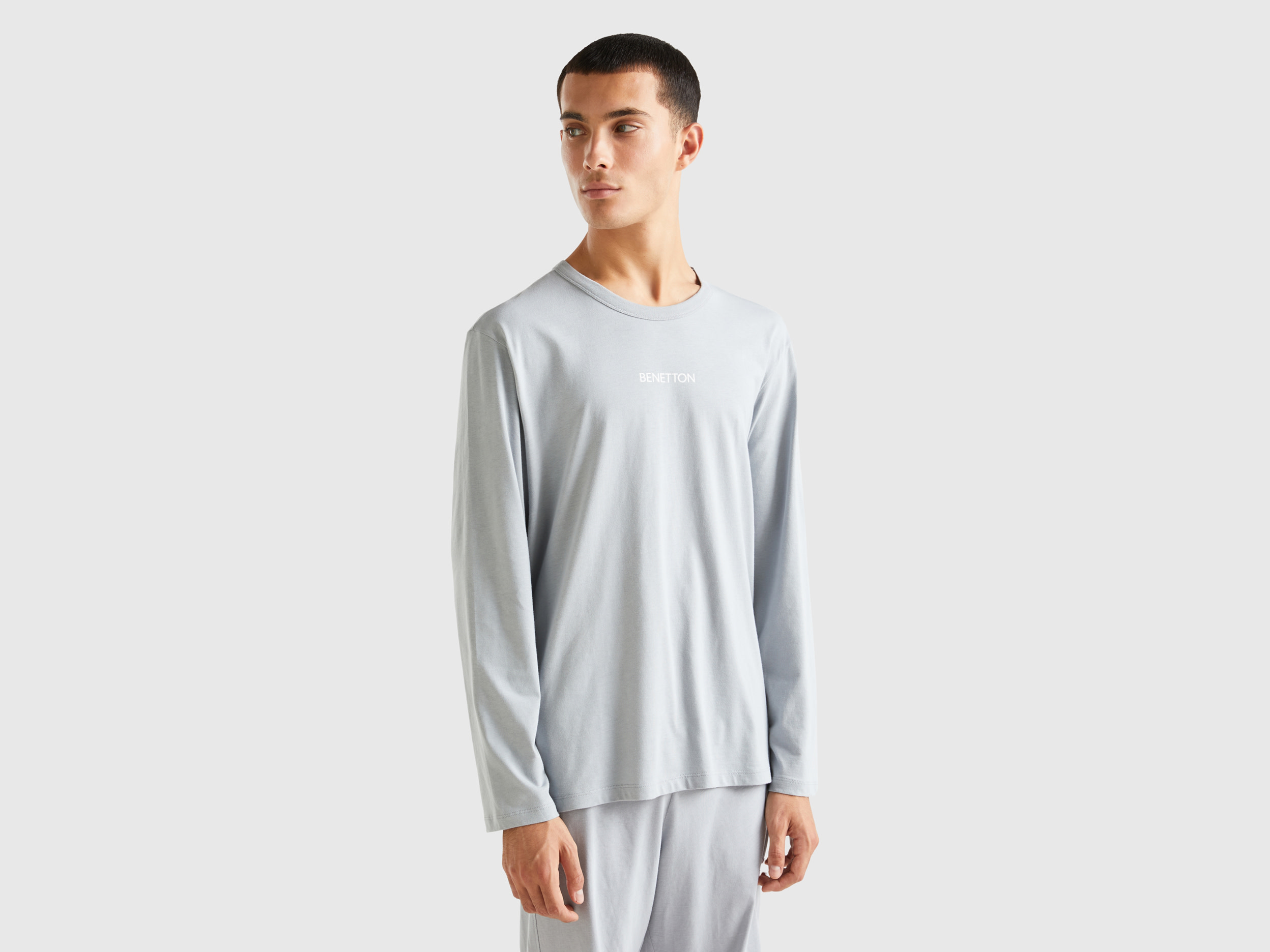 Benetton, Long Sleeve 100% Cotton Top, size M, Light Gray, Men